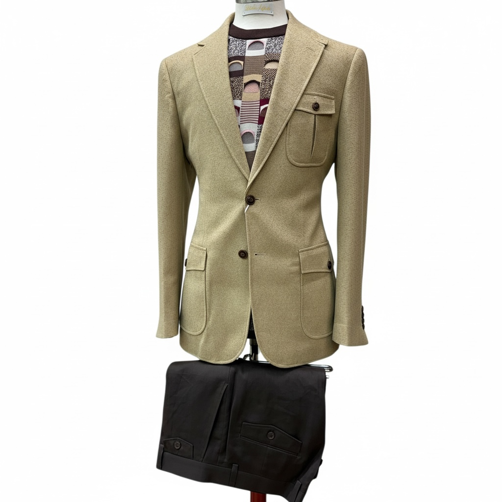 Couture Tan Coat w/Brown Linen Pant