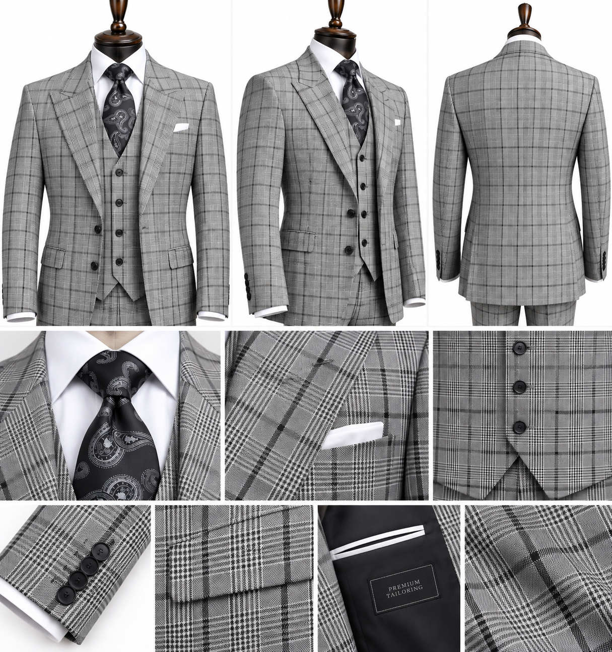Rossi Gray & Black Windowpane 3pc Suit