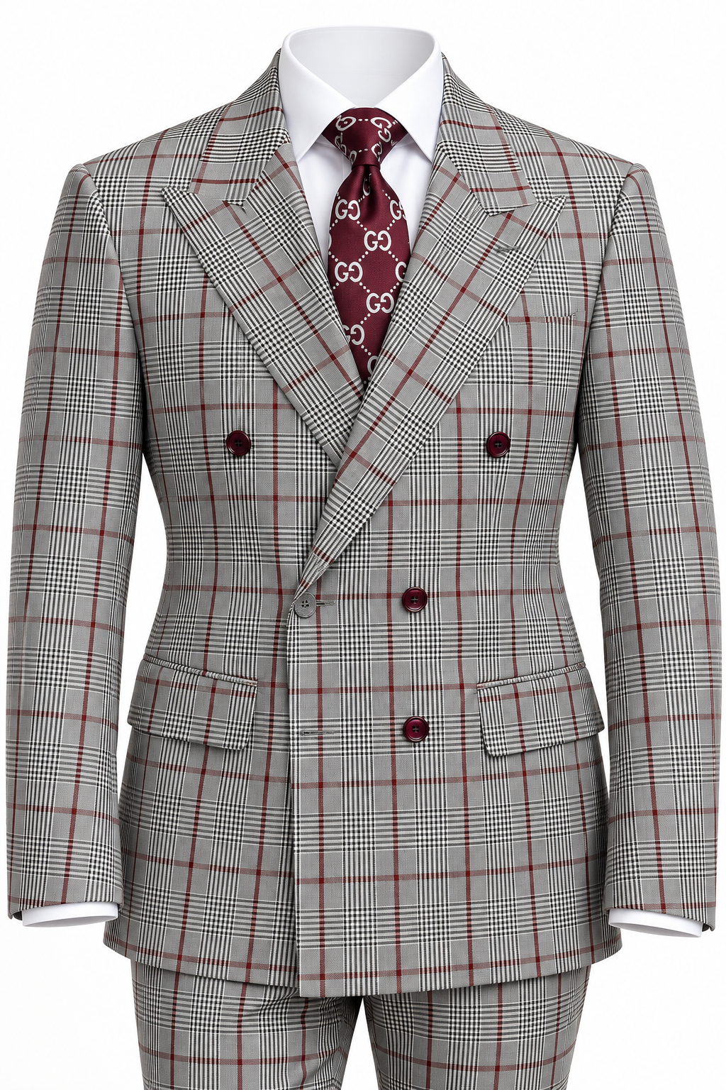Rossi Gray & Red Burgundy Double Breasted Suit