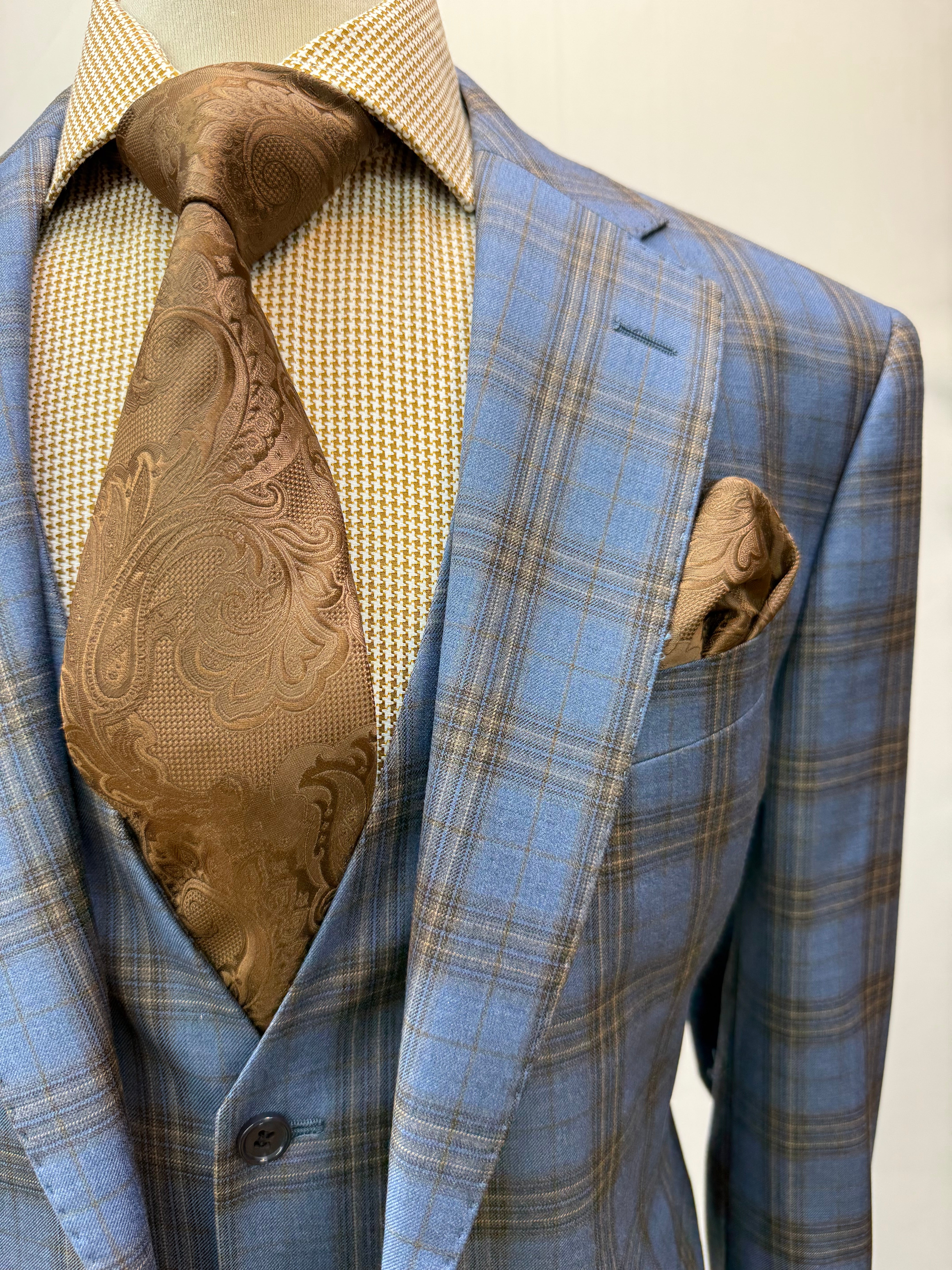 Berragamo Lt. Blue/Tan Plaid 3Pc Modern Fit Suit