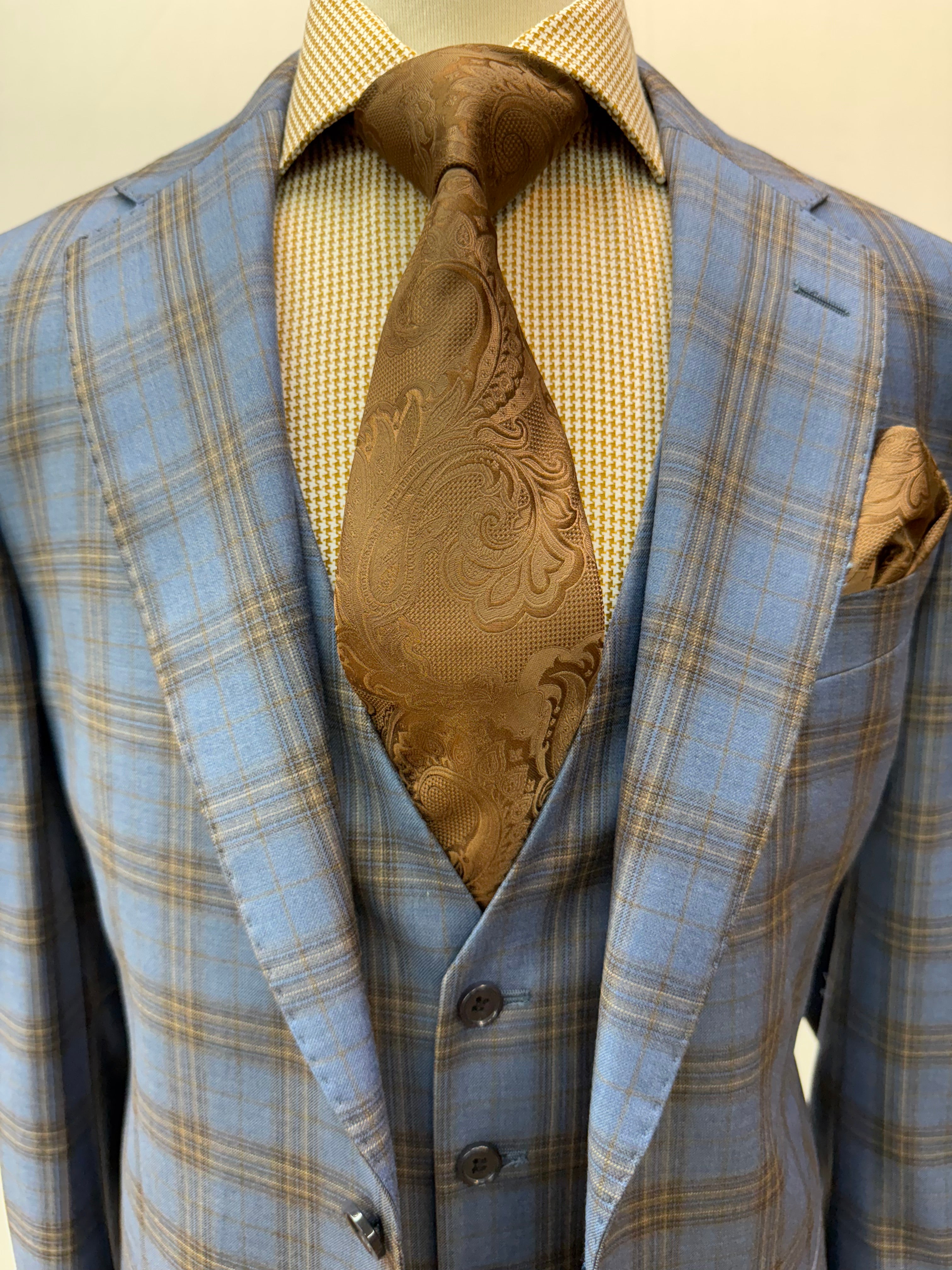 Berragamo Lt. Blue/Tan Plaid 3Pc Modern Fit Suit
