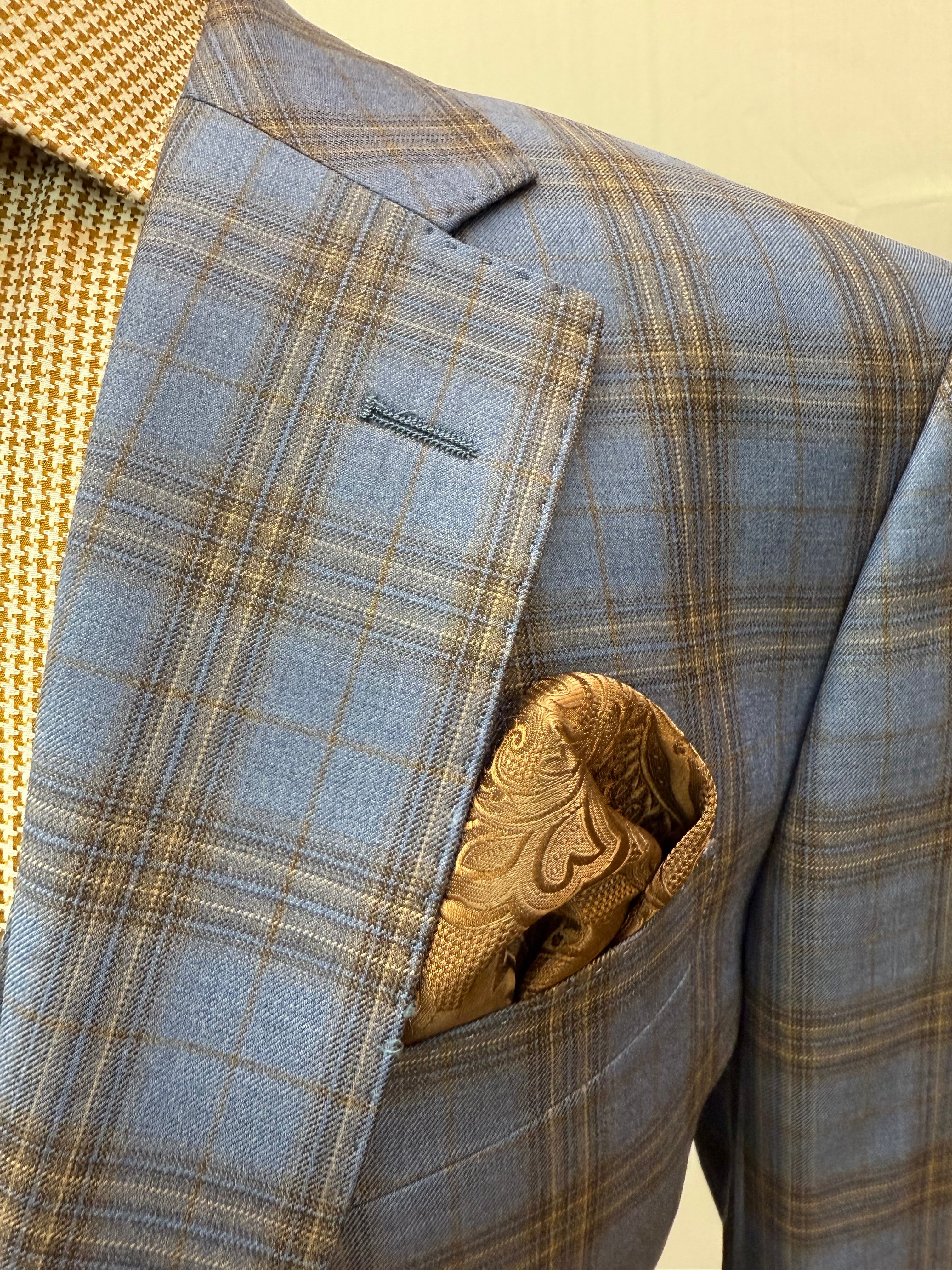 Berragamo Lt. Blue/Tan Plaid 3Pc Modern Fit Suit