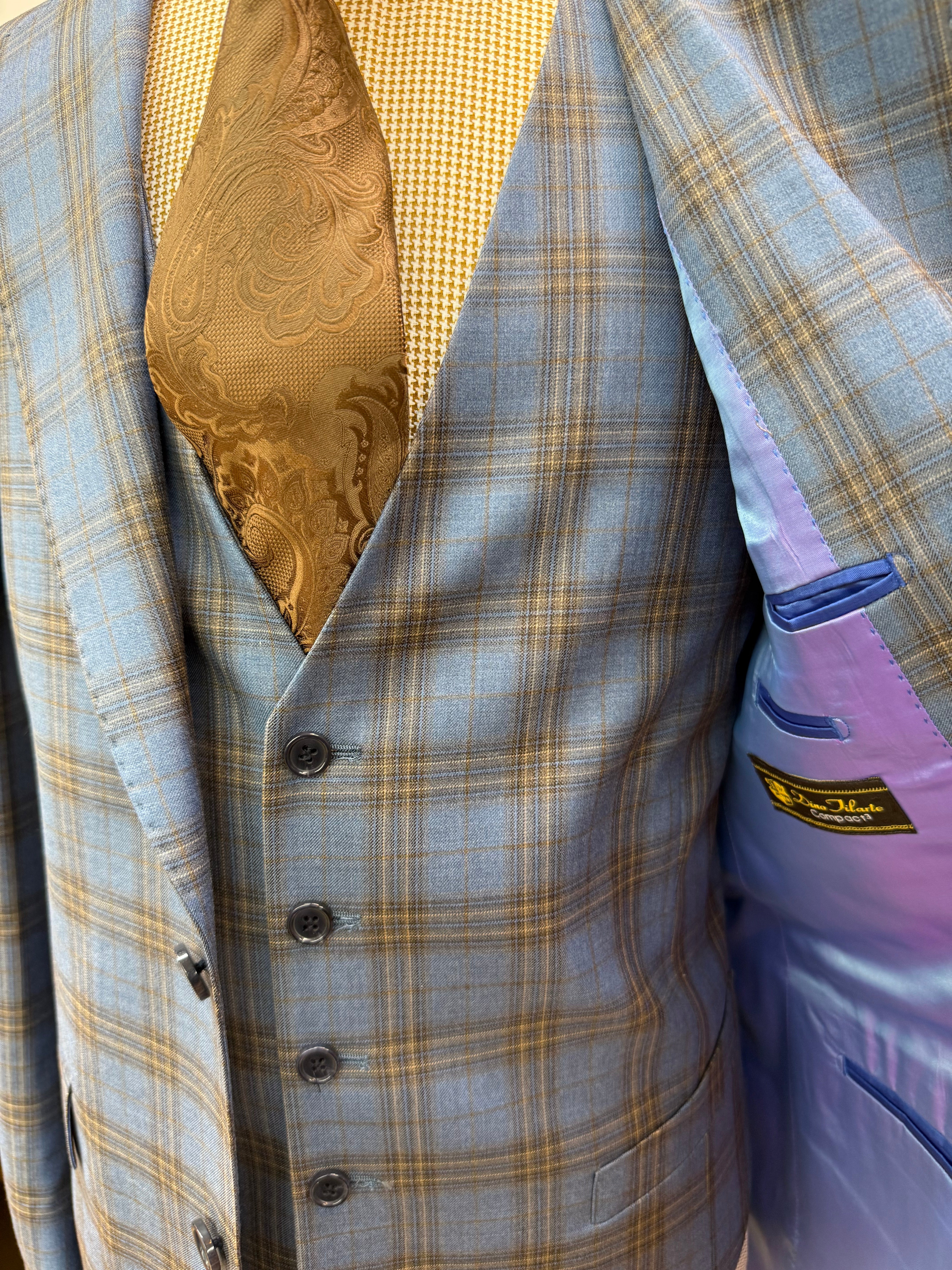 Berragamo Lt. Blue/Tan Plaid 3Pc Modern Fit Suit