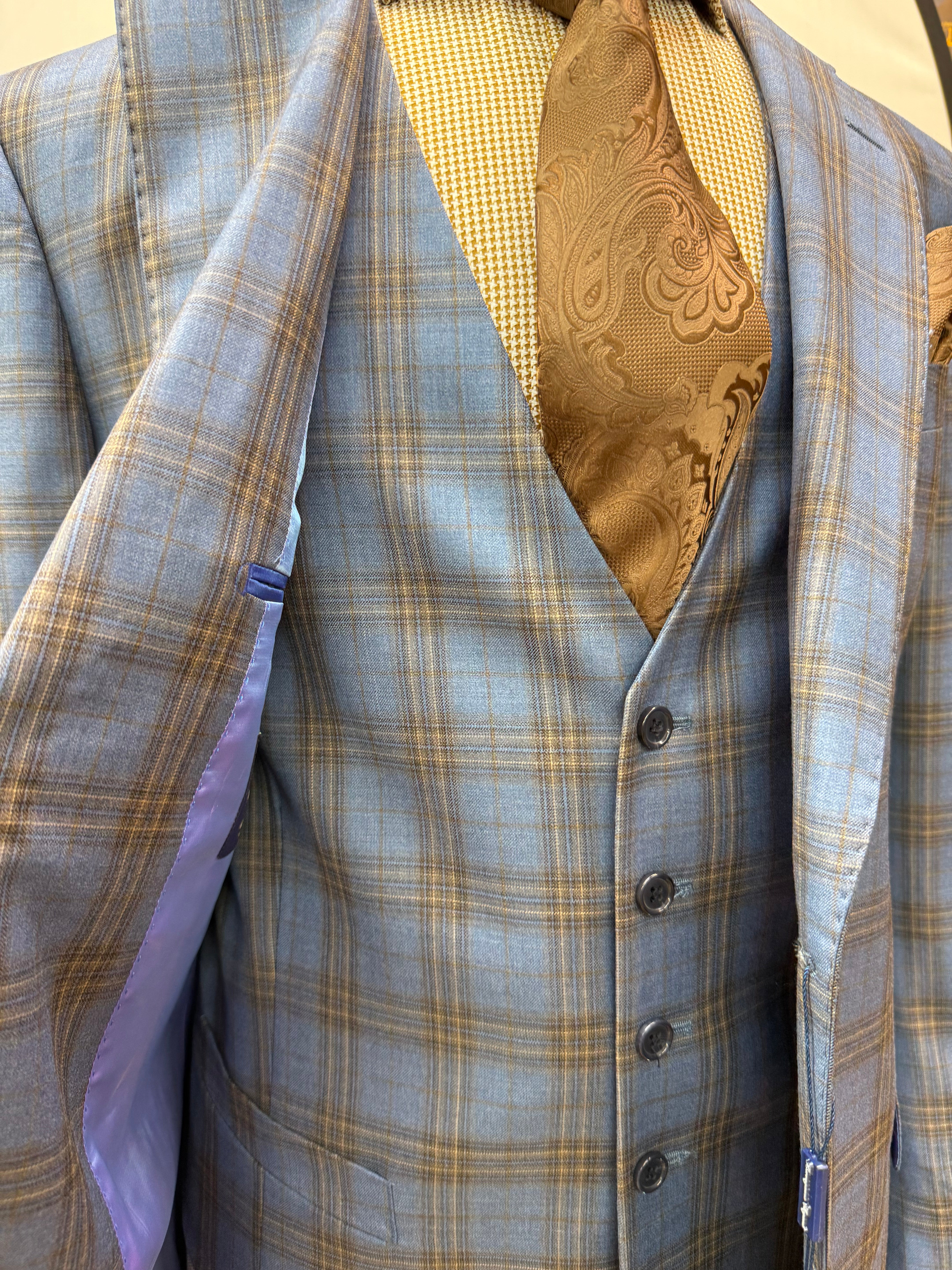 Berragamo Lt. Blue/Tan Plaid 3Pc Modern Fit Suit