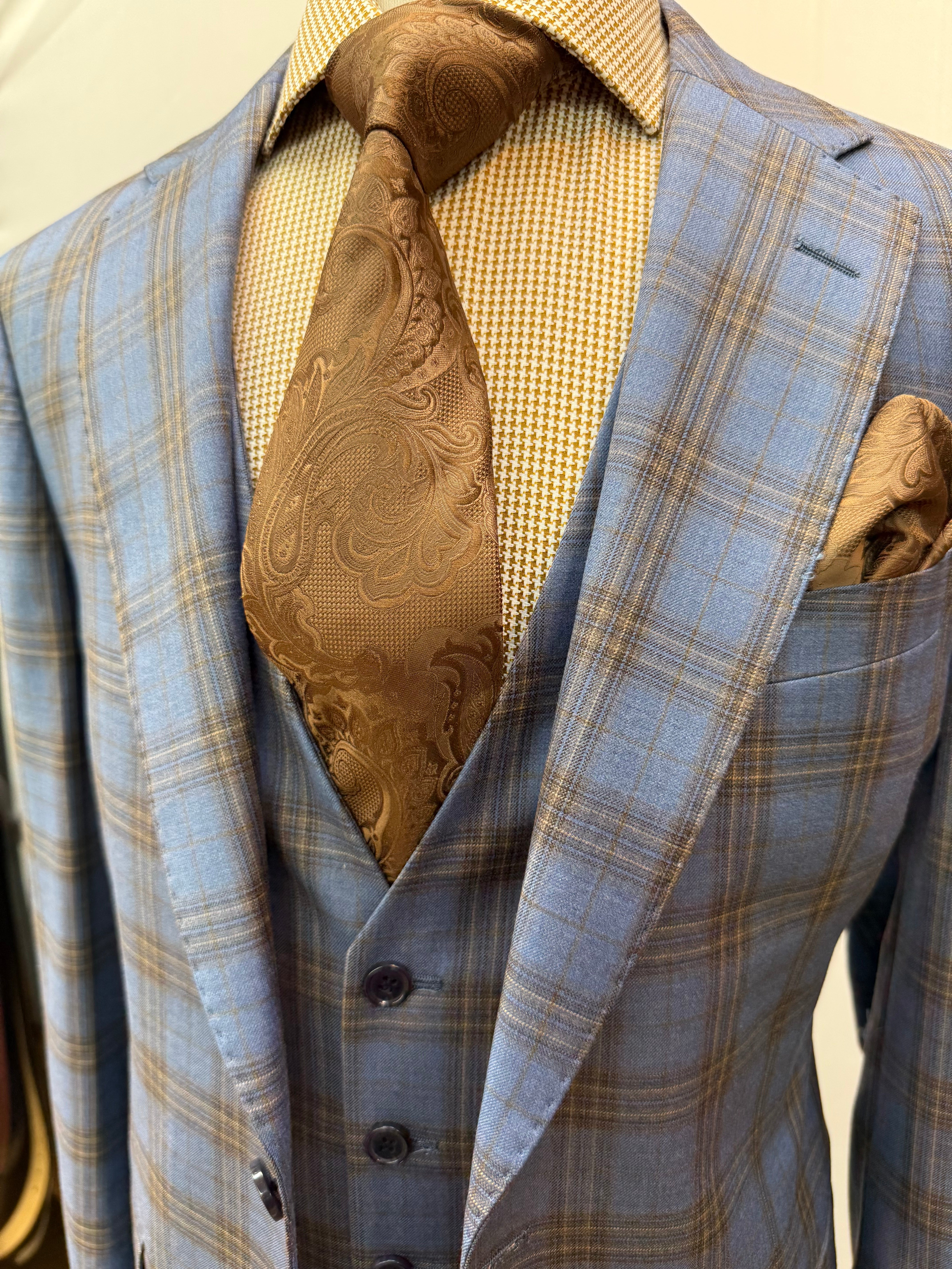 Berragamo Lt. Blue/Tan Plaid 3Pc Modern Fit Suit
