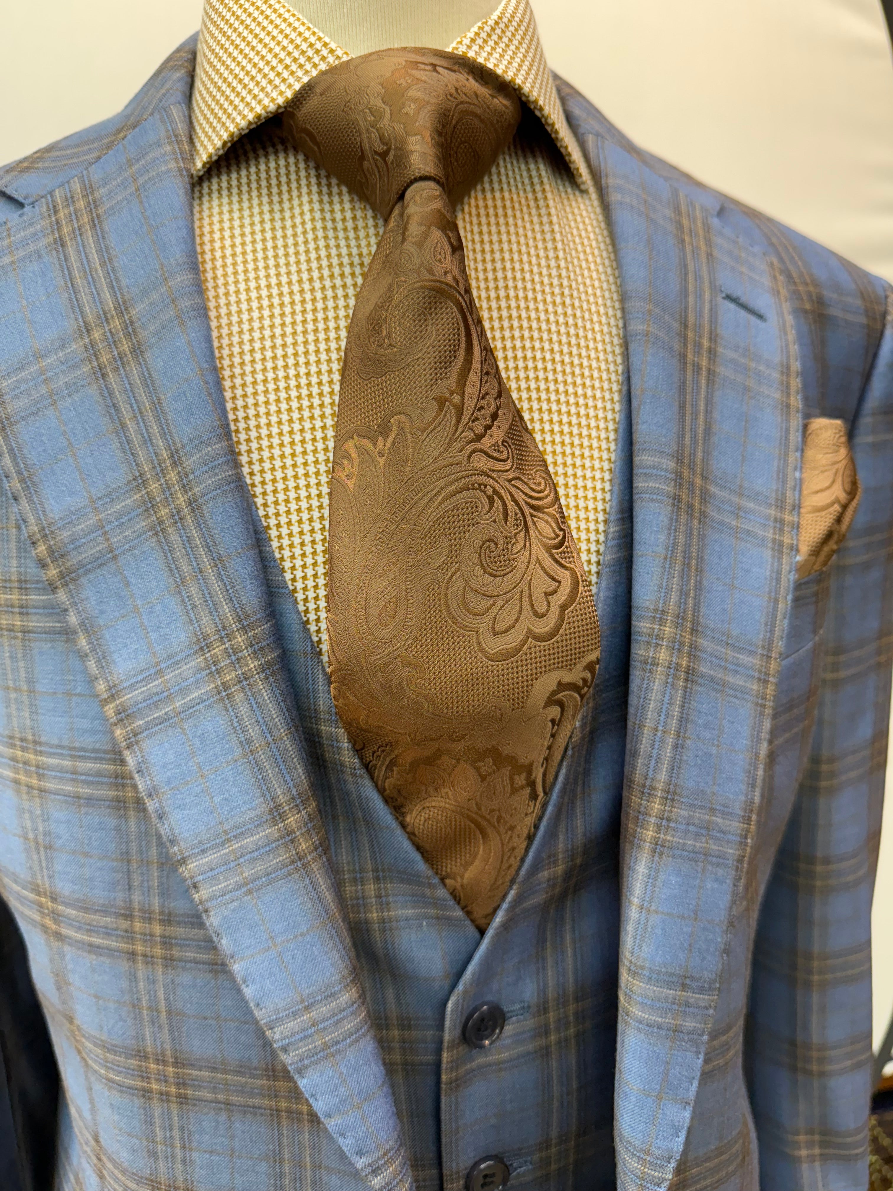 Berragamo Lt. Blue/Tan Plaid 3Pc Modern Fit Suit