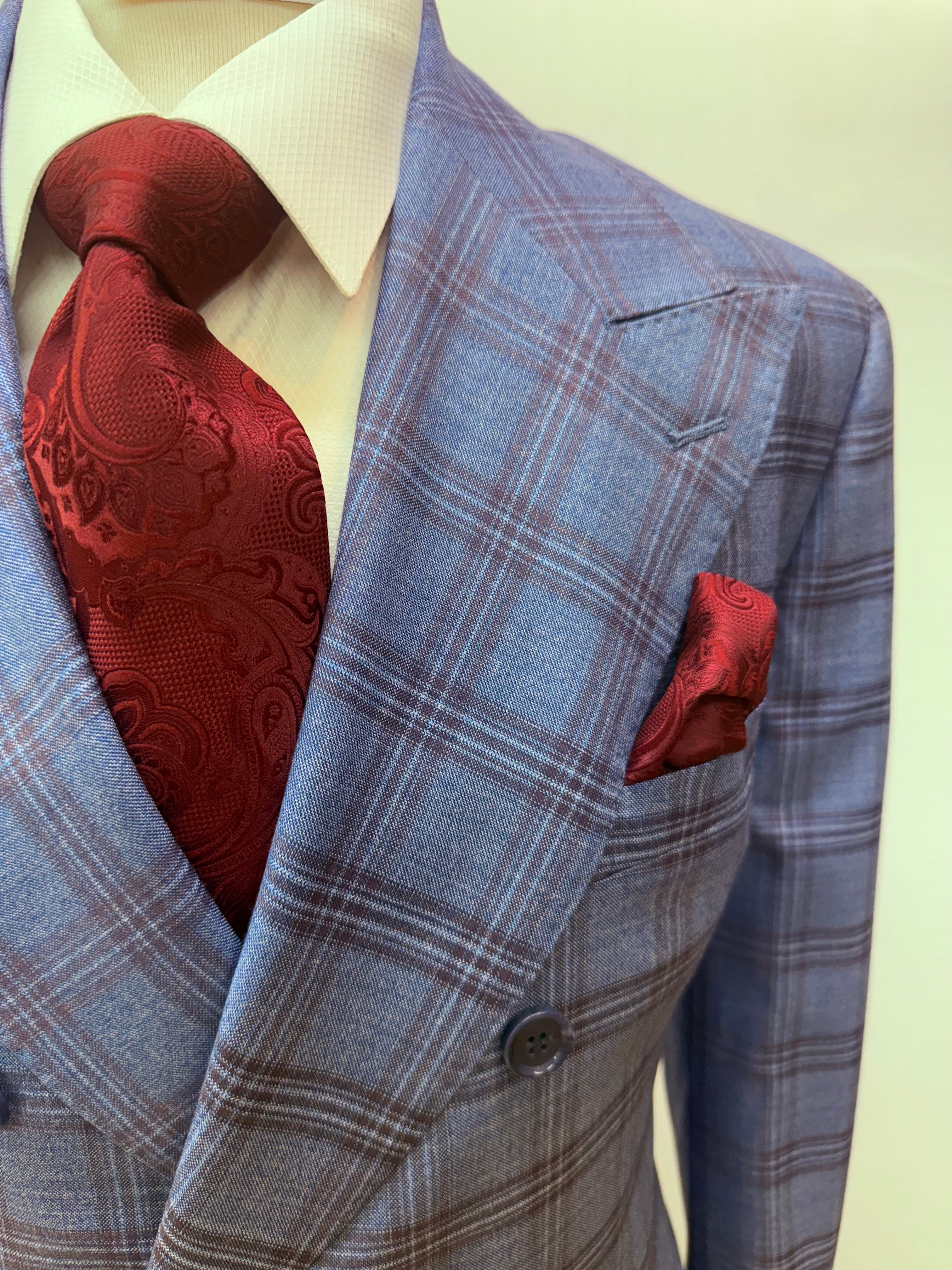Berragamo Lt. Blue/Burgundy Plaid-Double Breasted Suit