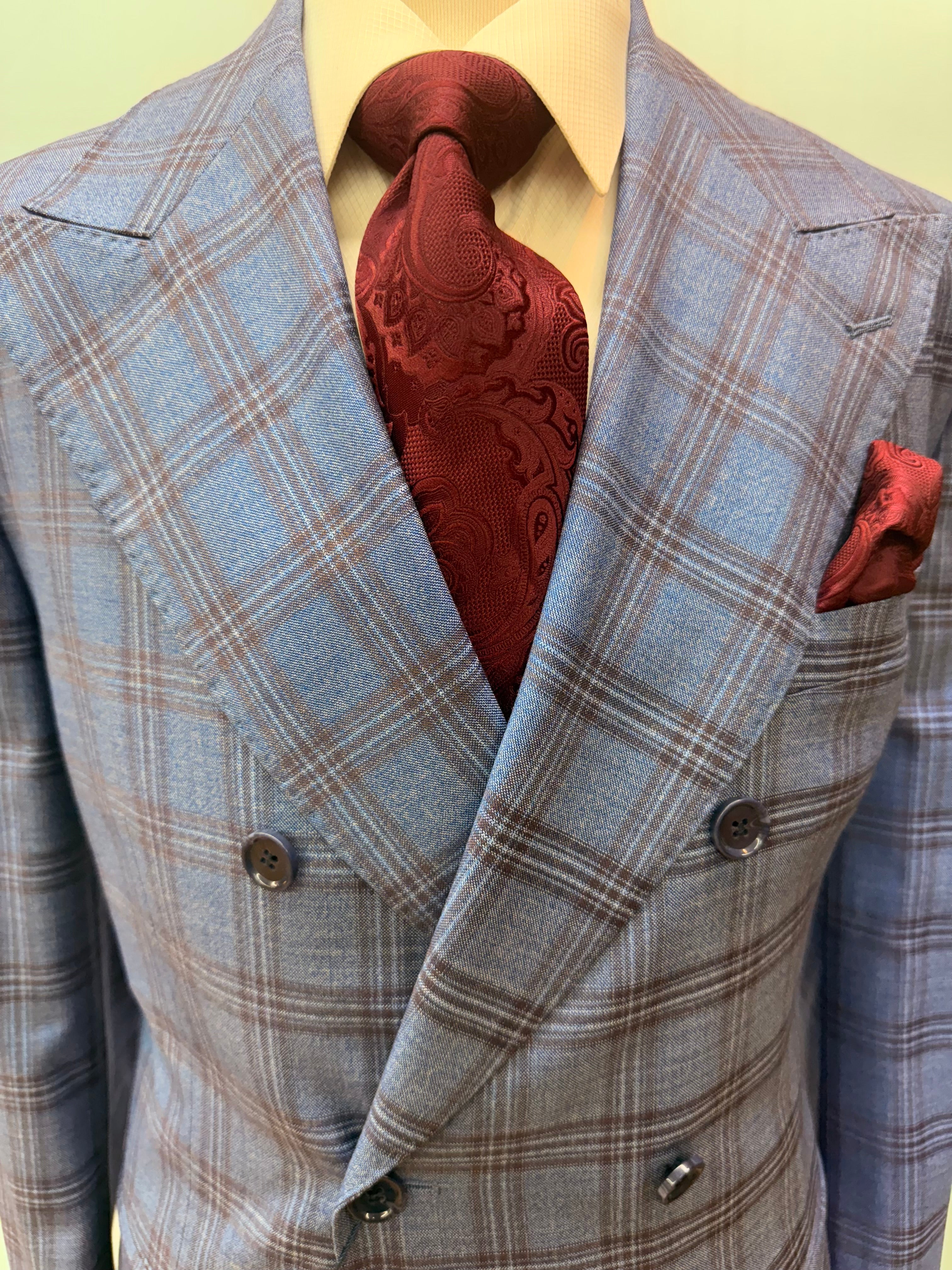 Berragamo Lt. Blue/Burgundy Plaid-Double Breasted Suit