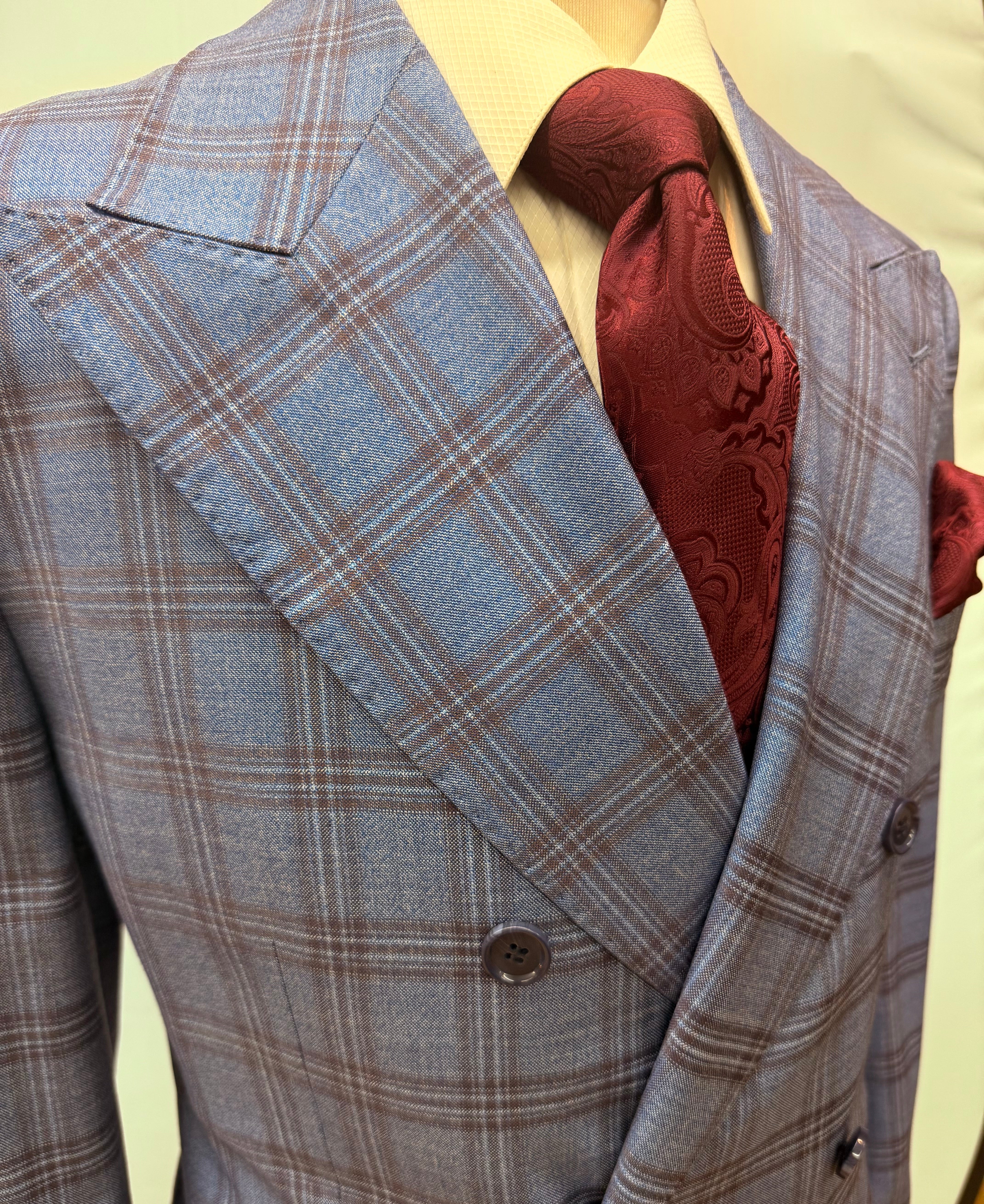 Berragamo Lt. Blue/Burgundy Plaid-Double Breasted Suit