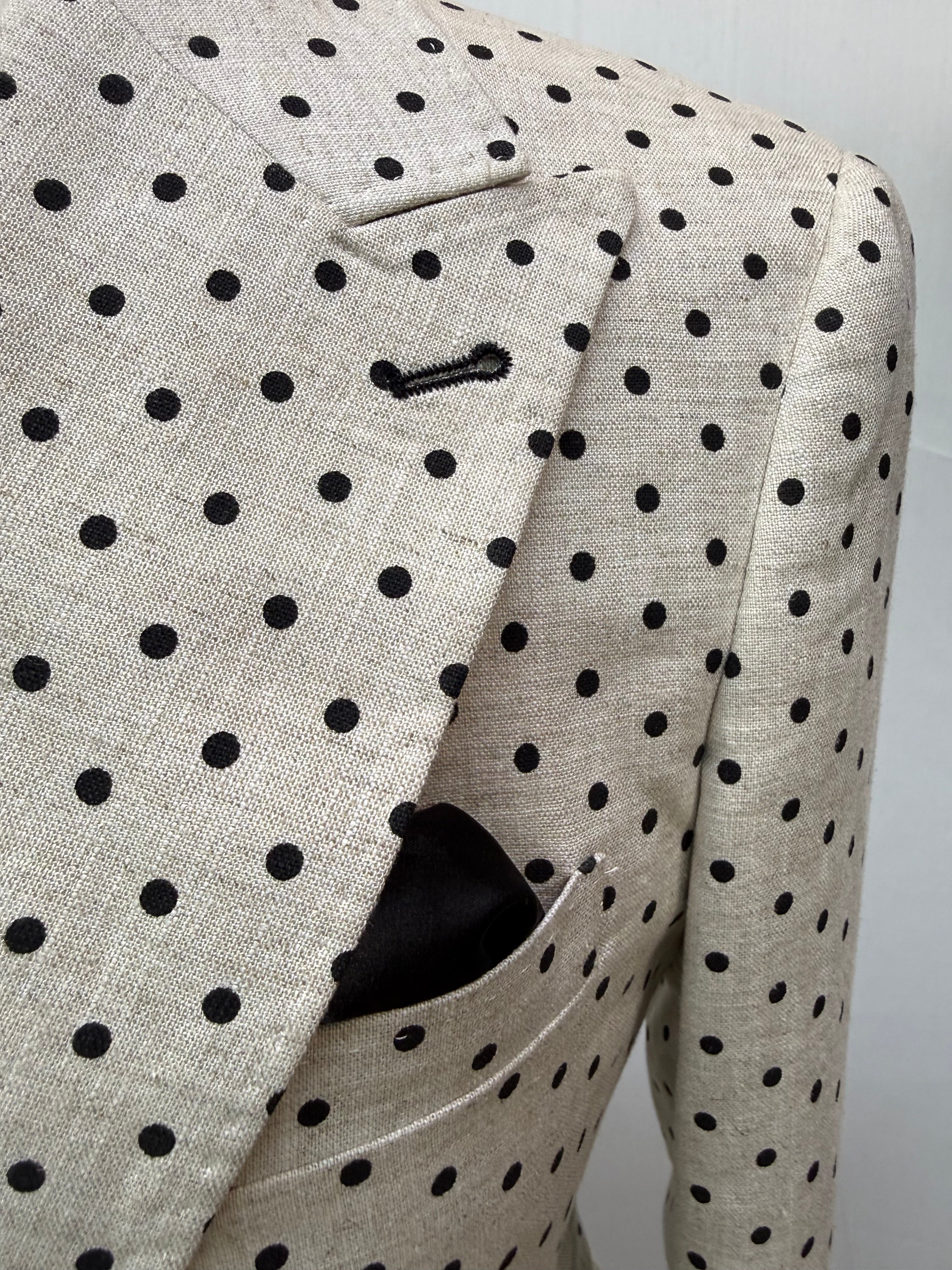 Couture Tan Black Polka Dot Coat w/Black Linen Pants