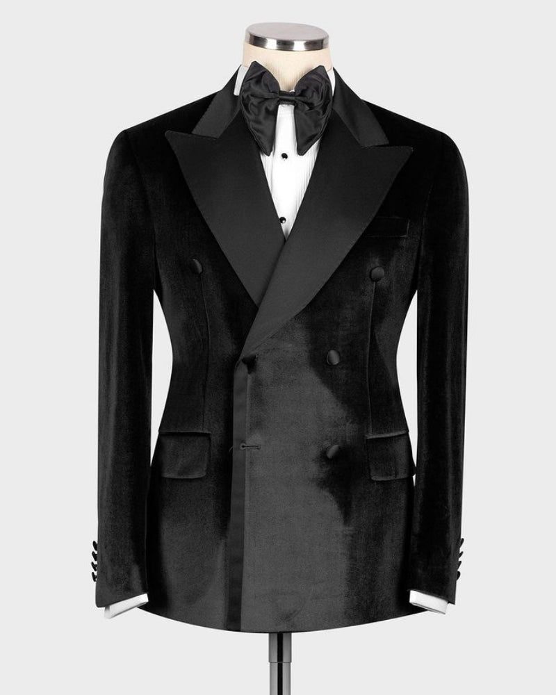 Black Velvet Double Breasted Tuxedo Jacket - Main Image