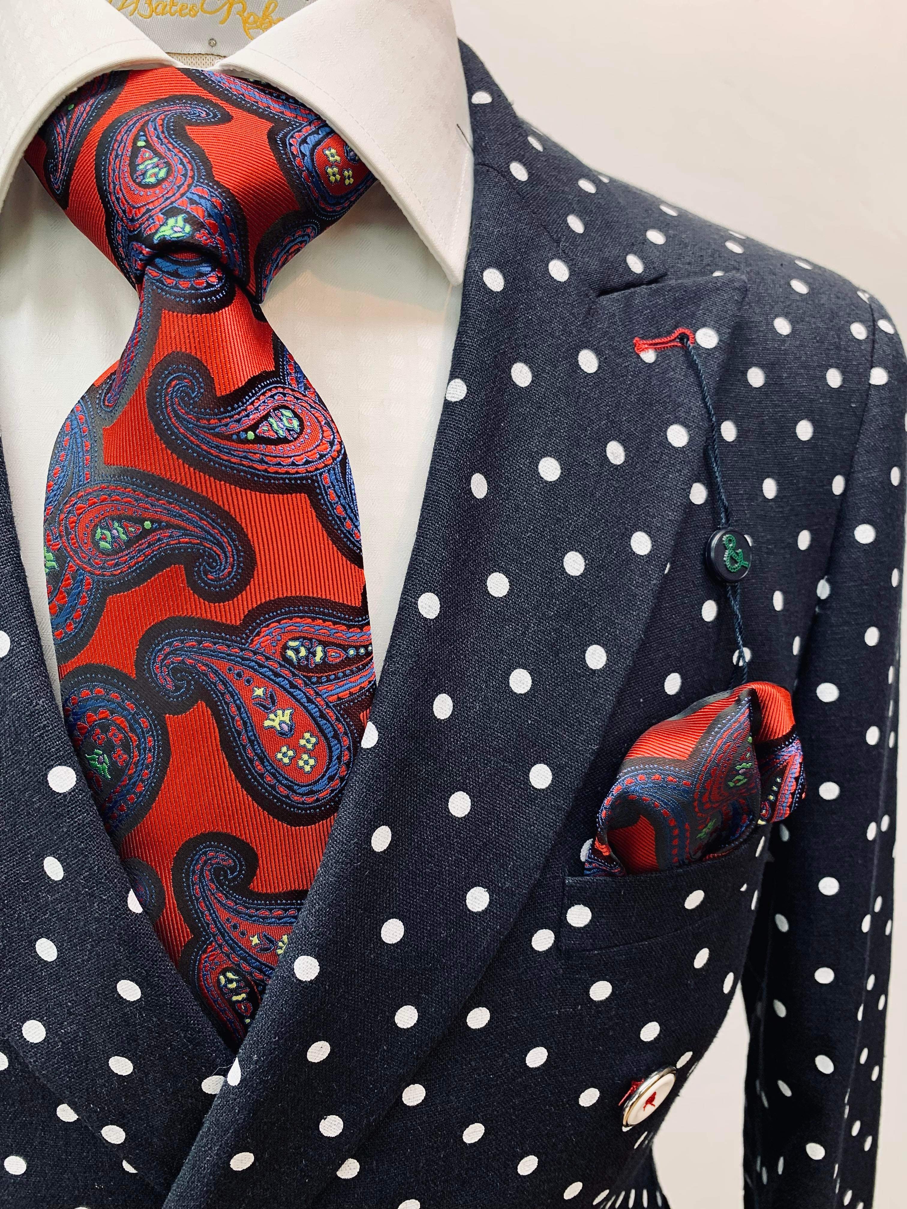 Paisley & Gray Slim Fit Navy Polka Dot Jacket w/White Pants Suit