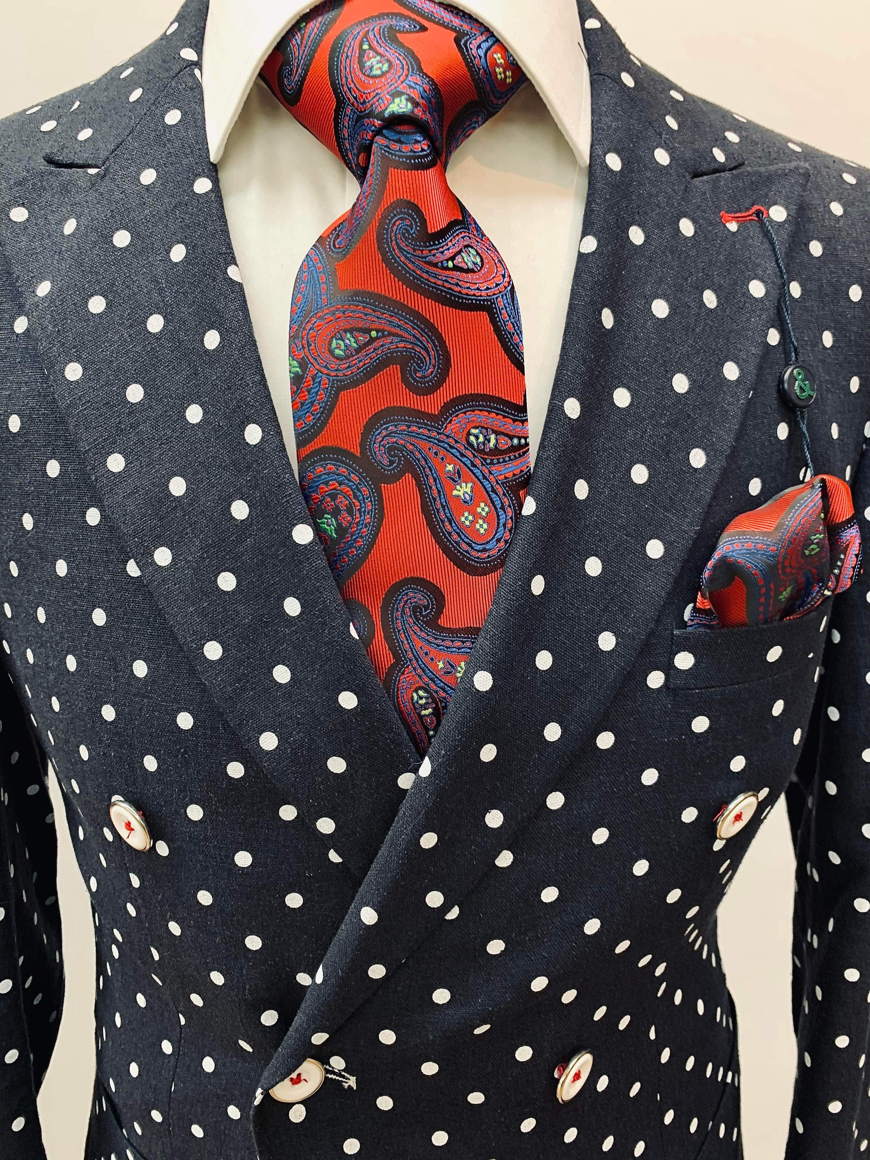 Paisley & Gray Slim Fit Navy Polka Dot Jacket w/White Pants Suit