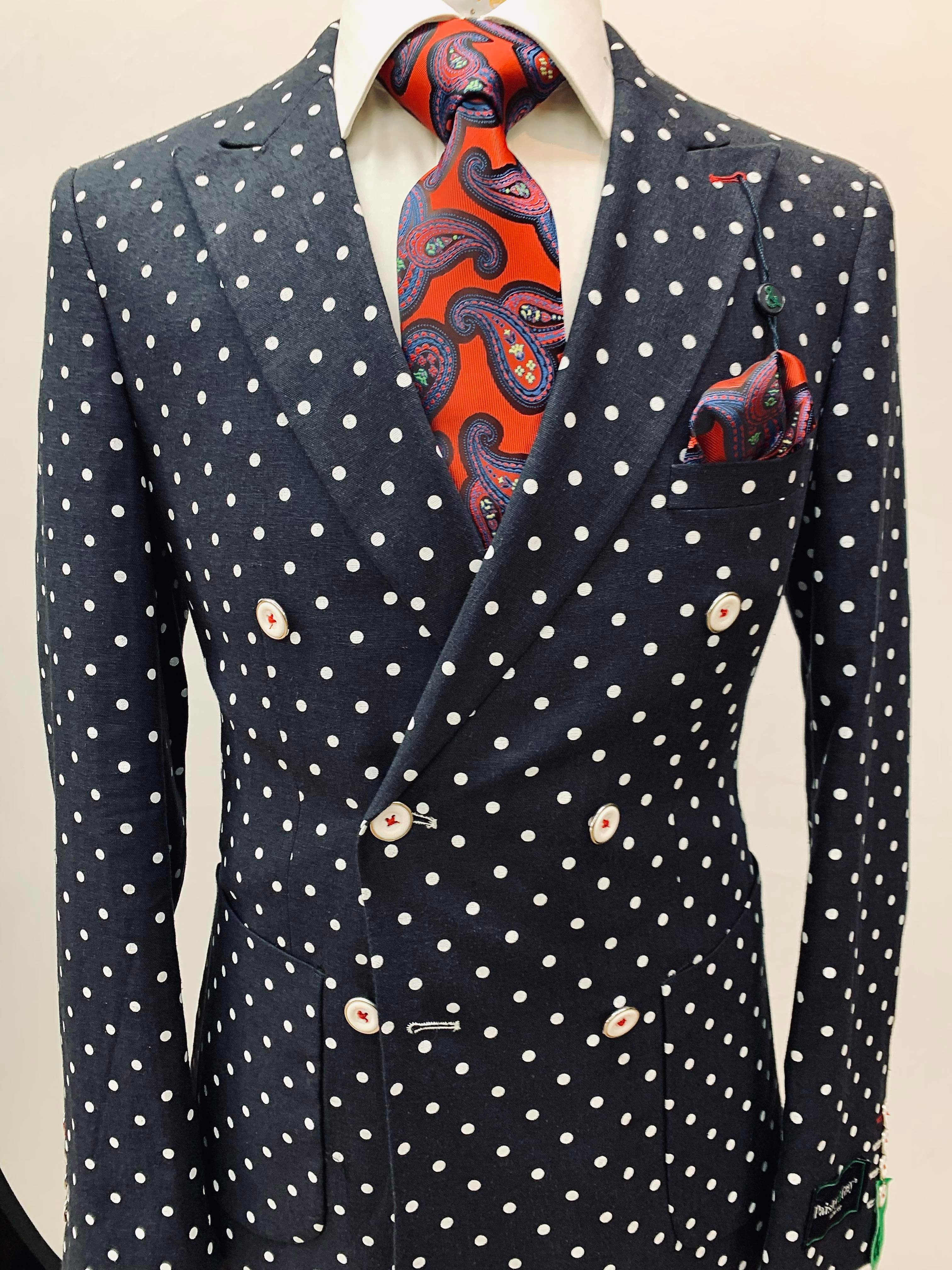 Paisley & Gray Slim Fit Navy Polka Dot Jacket w/White Pants Suit