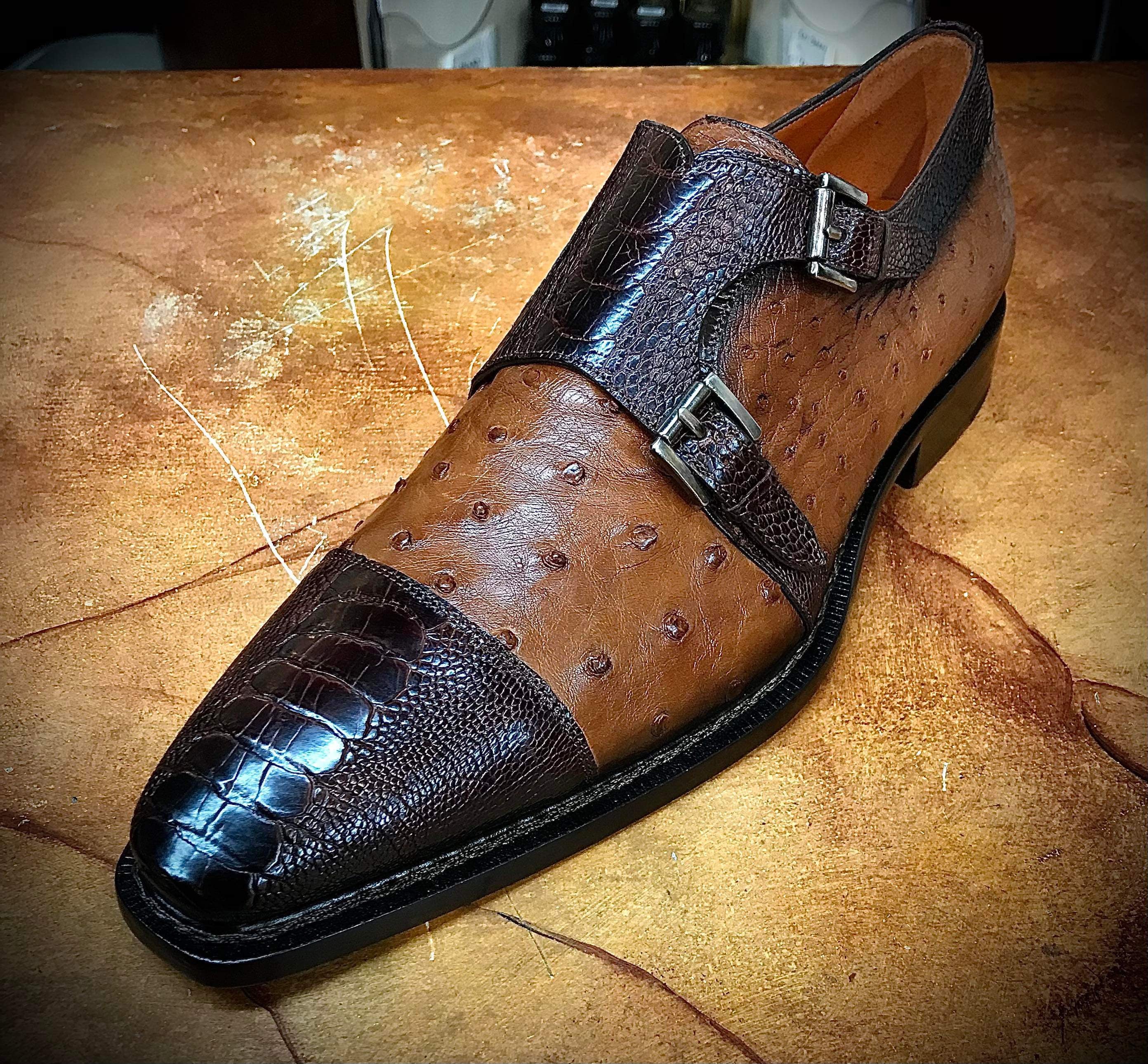 Mezlan Brown Ostrich Rugger Double Monkstrap