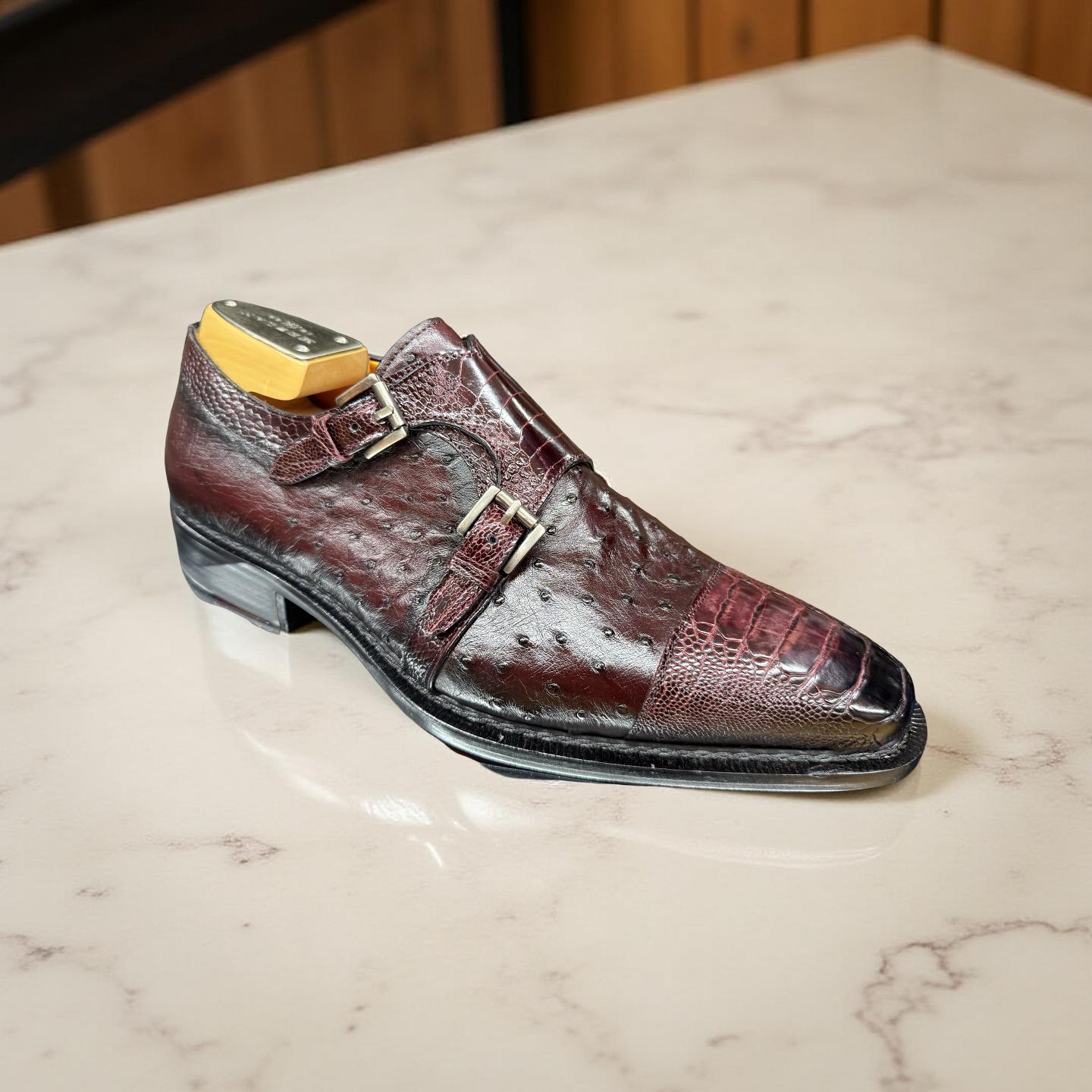 Mezlan Burgundy Ostrich Rugger Double Monkstrap
