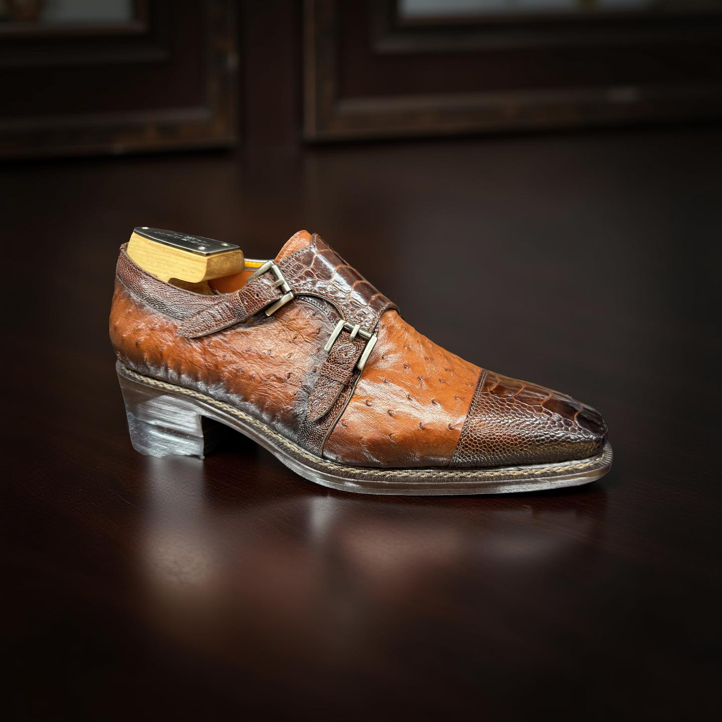 Mezlan Brown Ostrich Rugger Double Monkstrap