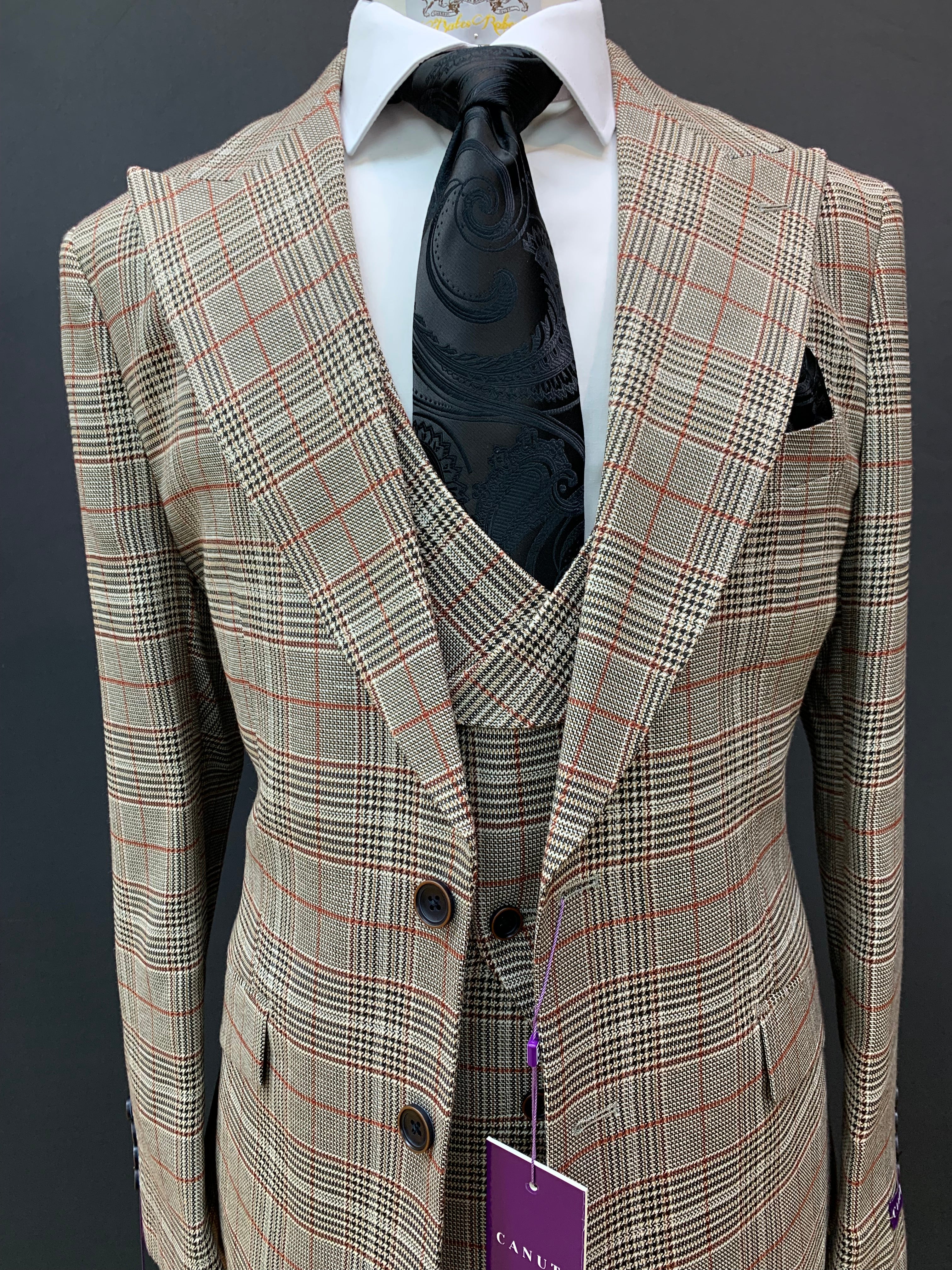 Canuti 3pc Modern Fit Light Brown Multicolored GlenPlaid