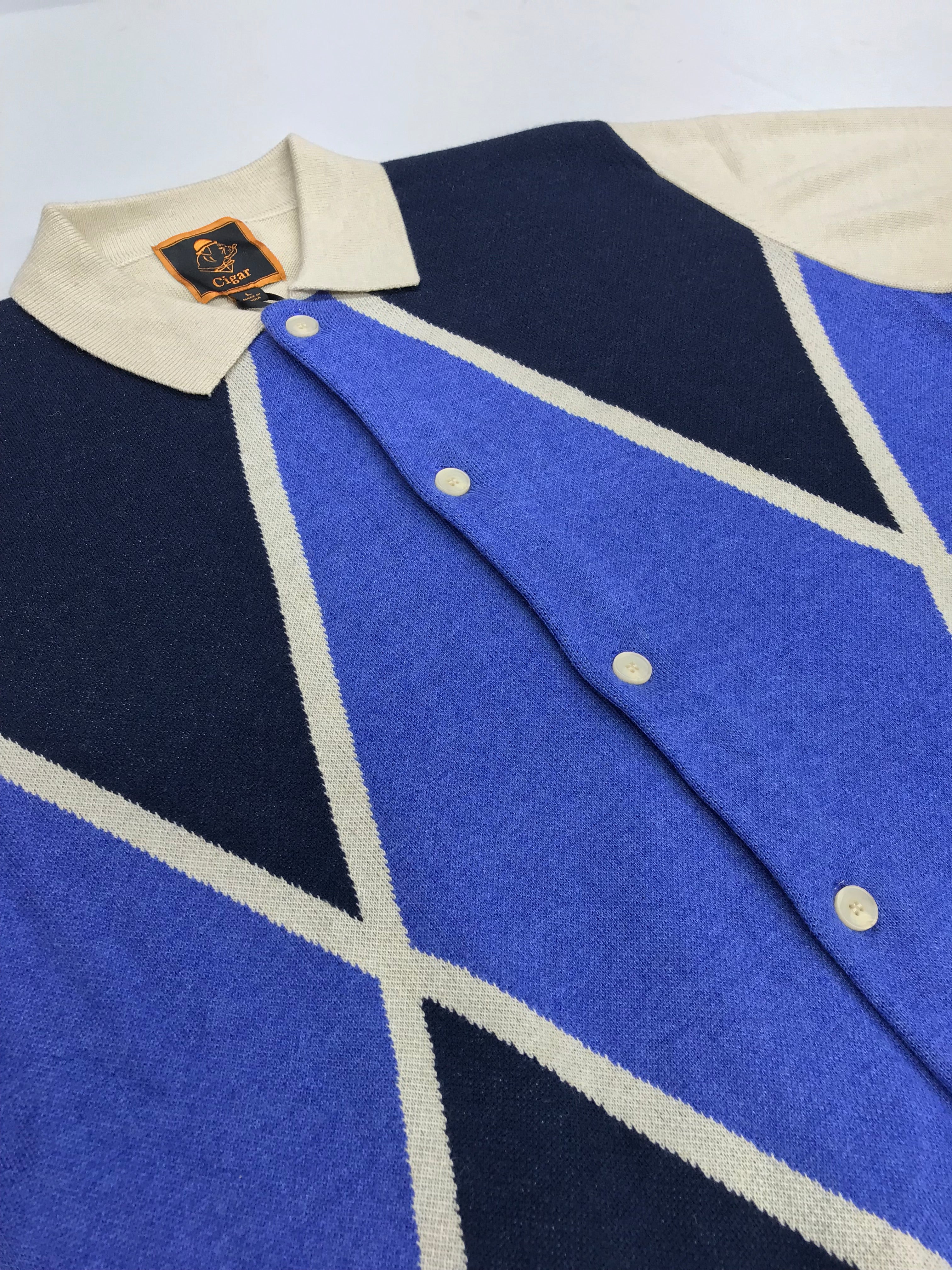 Marenzio Couture Tan & Blue Argyle Sweater