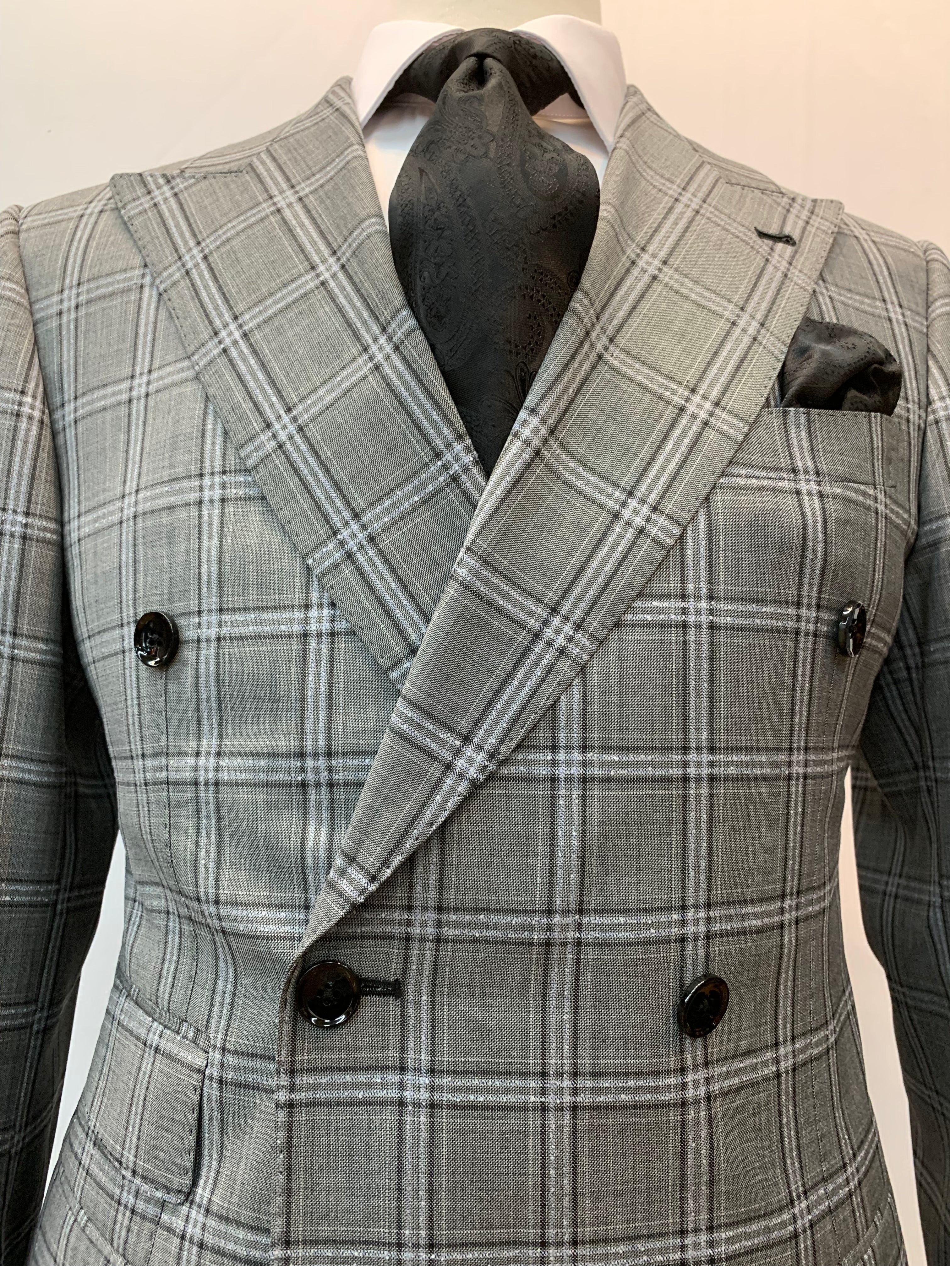 Stitch by Stitch Gray/Black Windowpane Double Breasted Suit