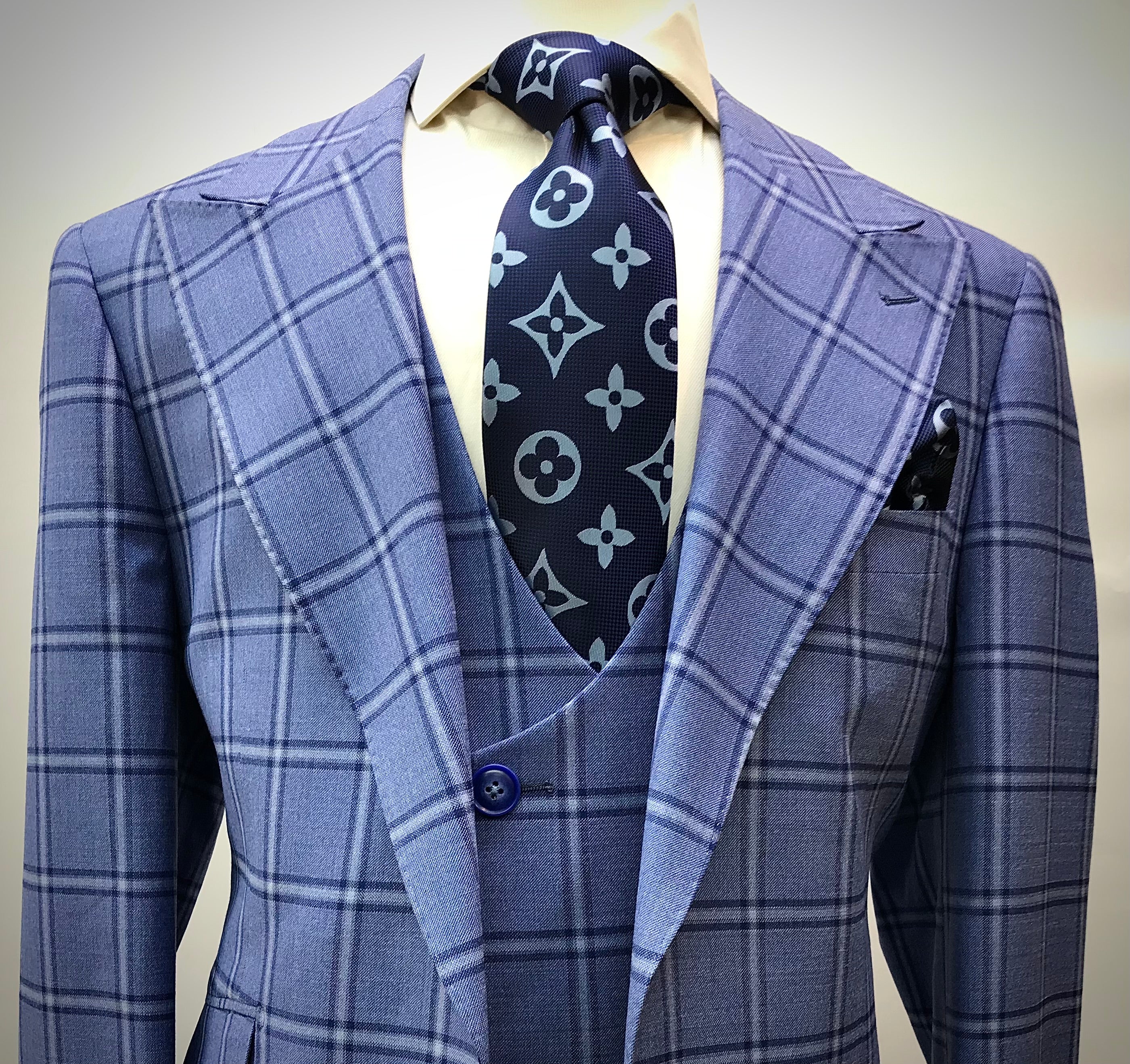 Tiglio Lt. Blue/Navy Windowpane 3Pc Suit