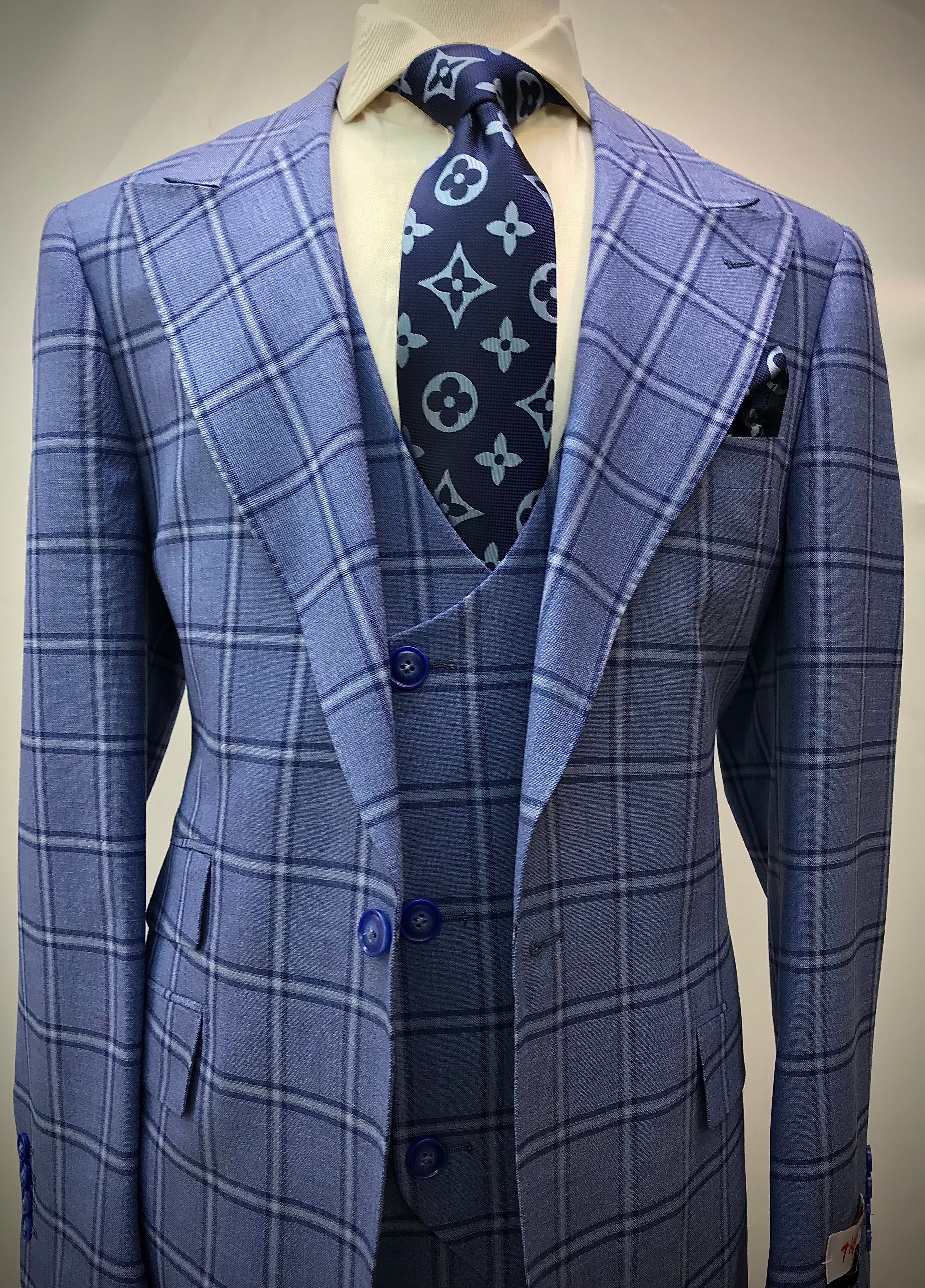 Tiglio Lt. Blue/Navy Windowpane 3Pc Suit