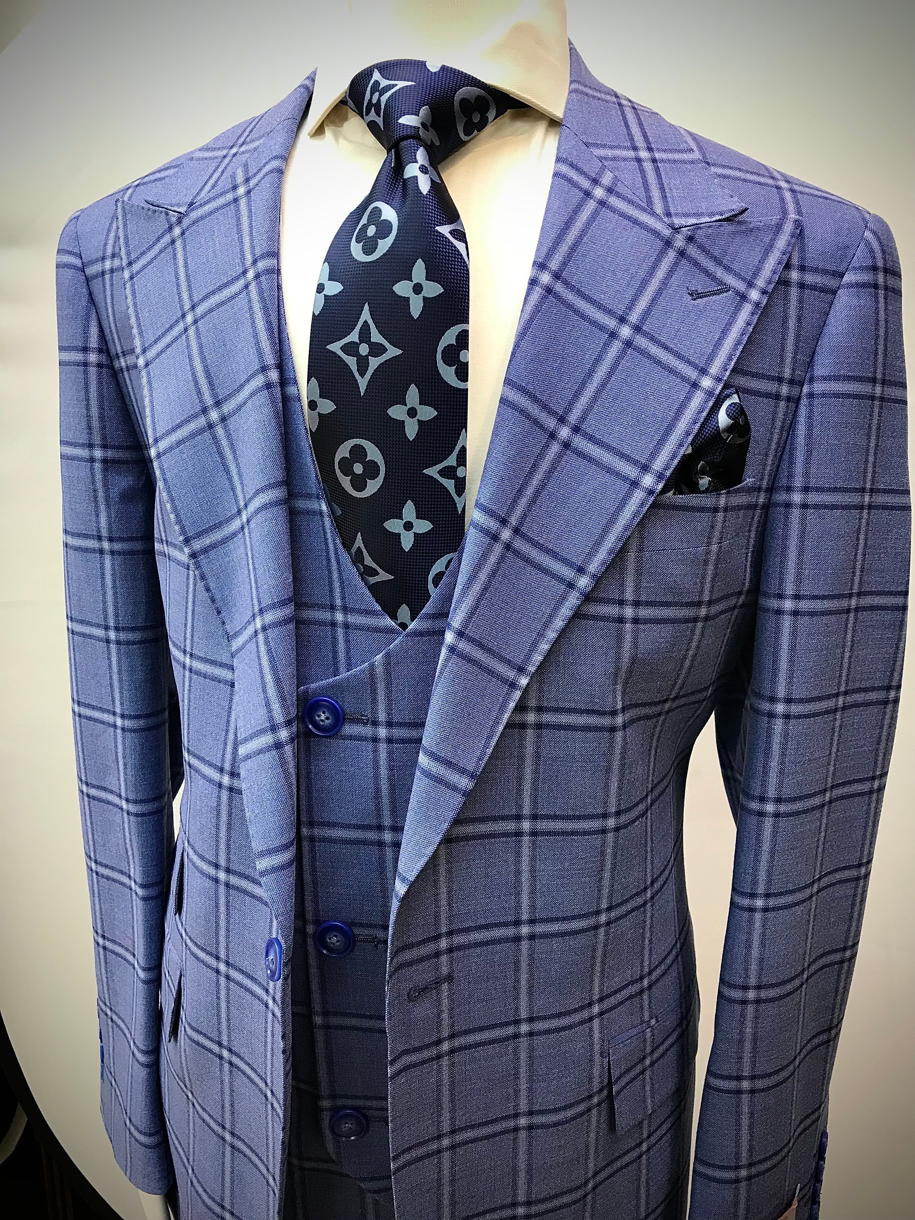 Tiglio Lt. Blue/Navy Windowpane 3Pc Suit