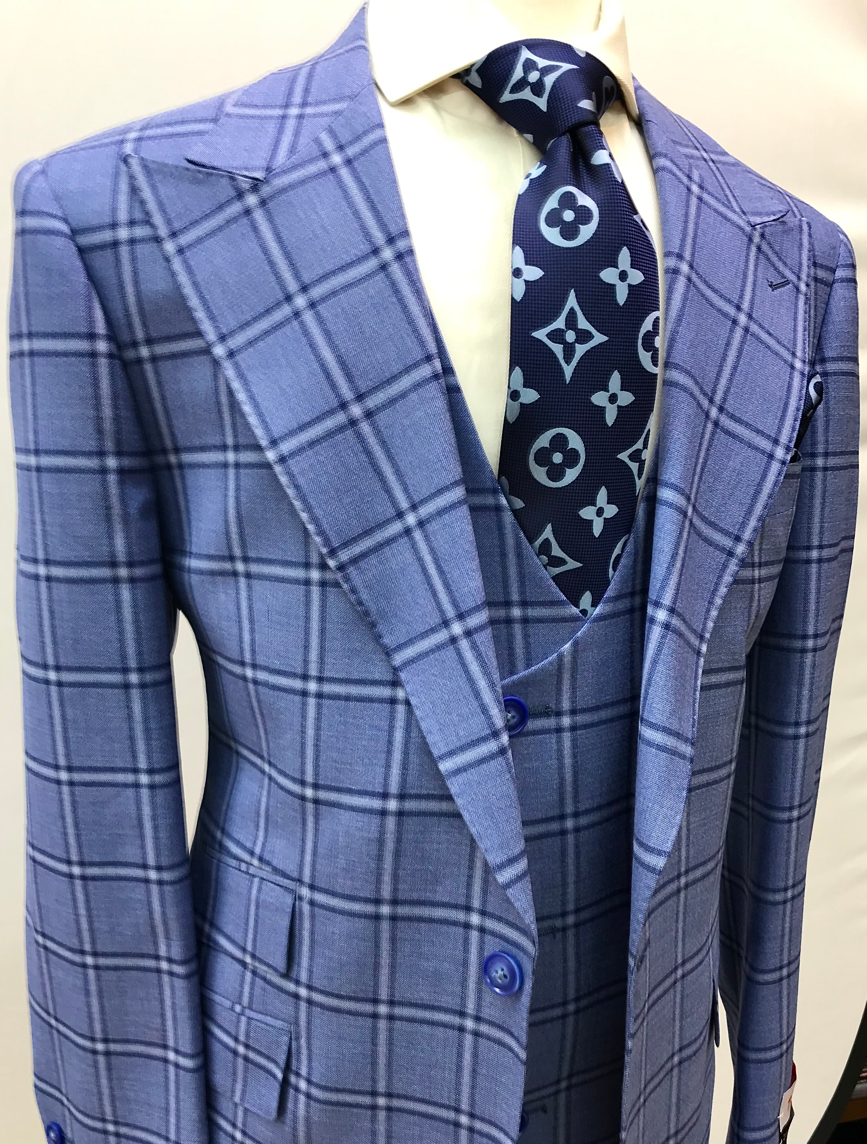 Tiglio Lt. Blue/Navy Windowpane 3Pc Suit