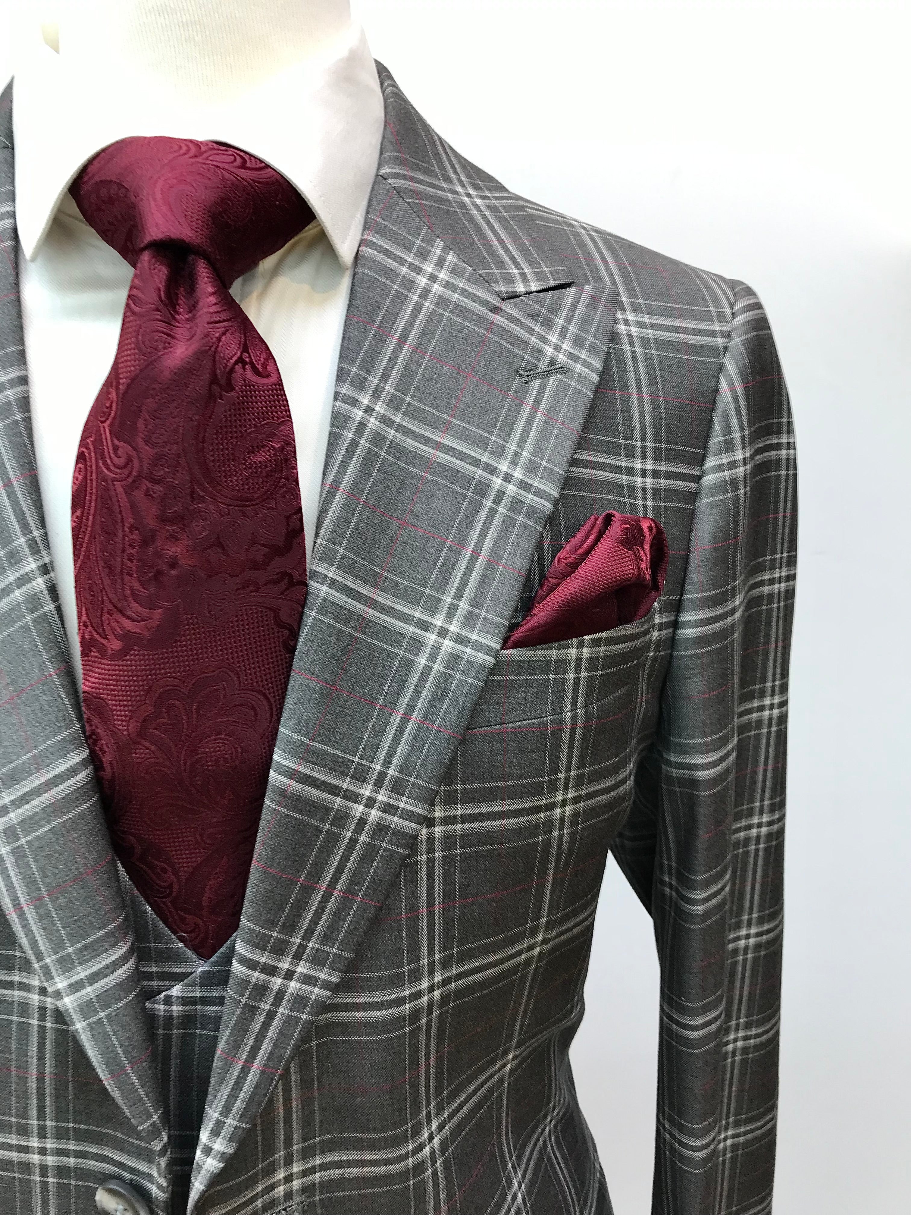 Canuti 3Pc Gray /w Burgundy Windowpane Suit