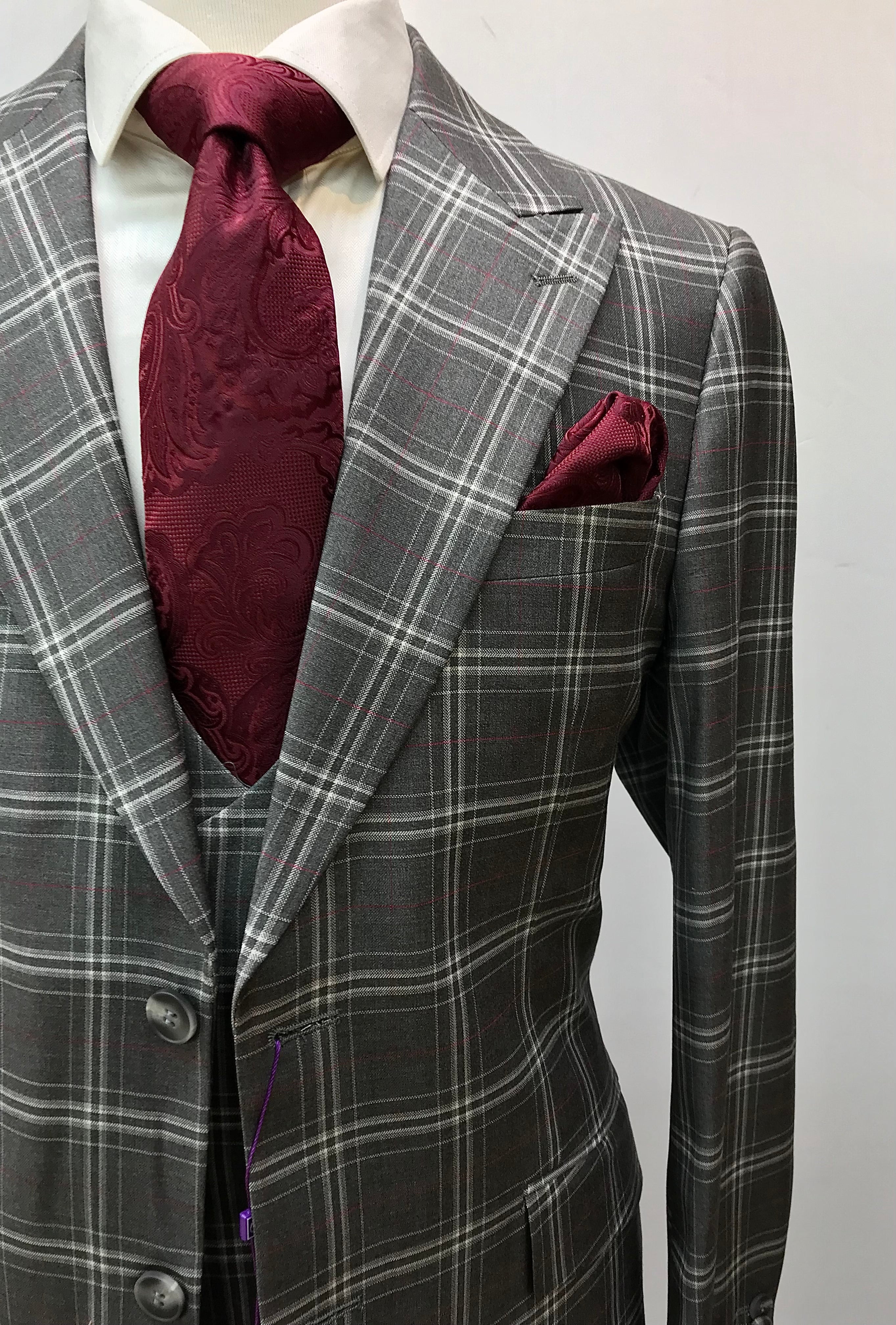 Canuti 3Pc Gray /w Burgundy Windowpane Suit