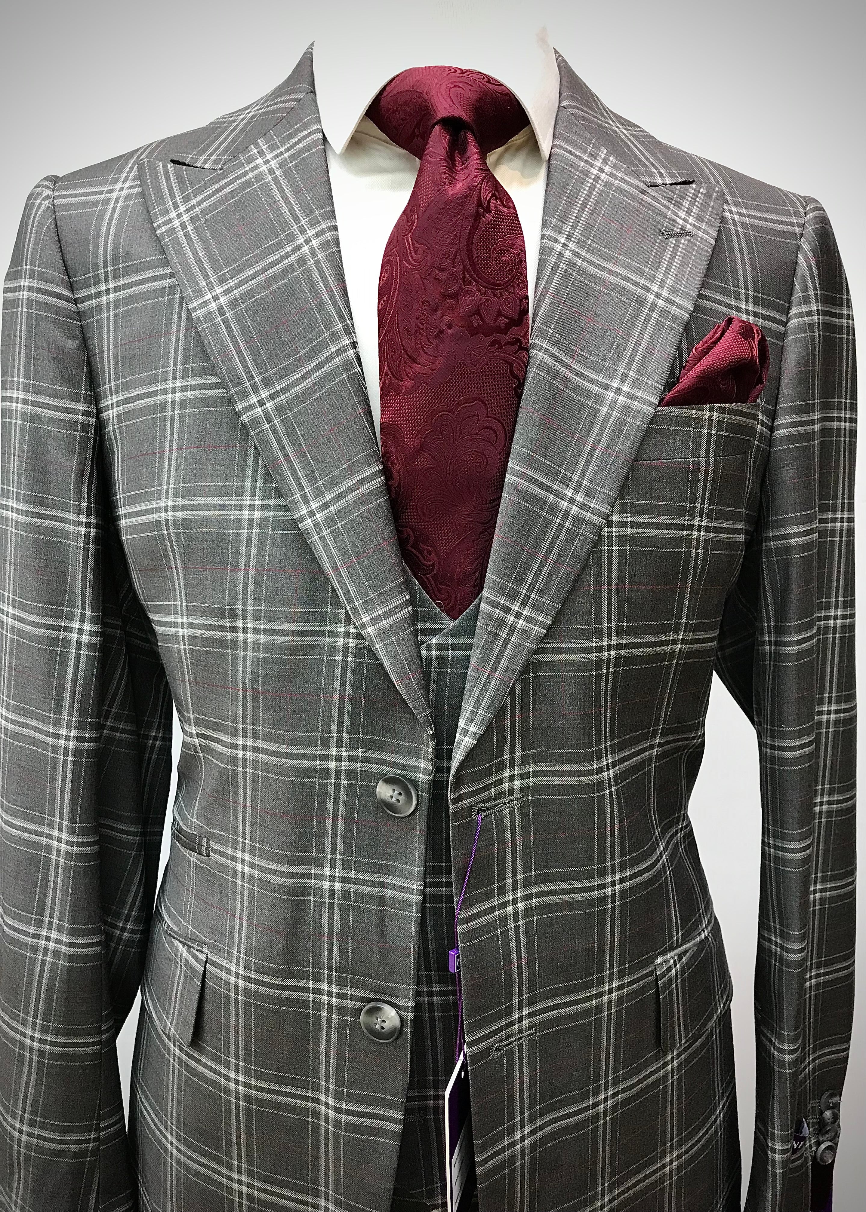Canuti 3Pc Gray /w Burgundy Windowpane Suit