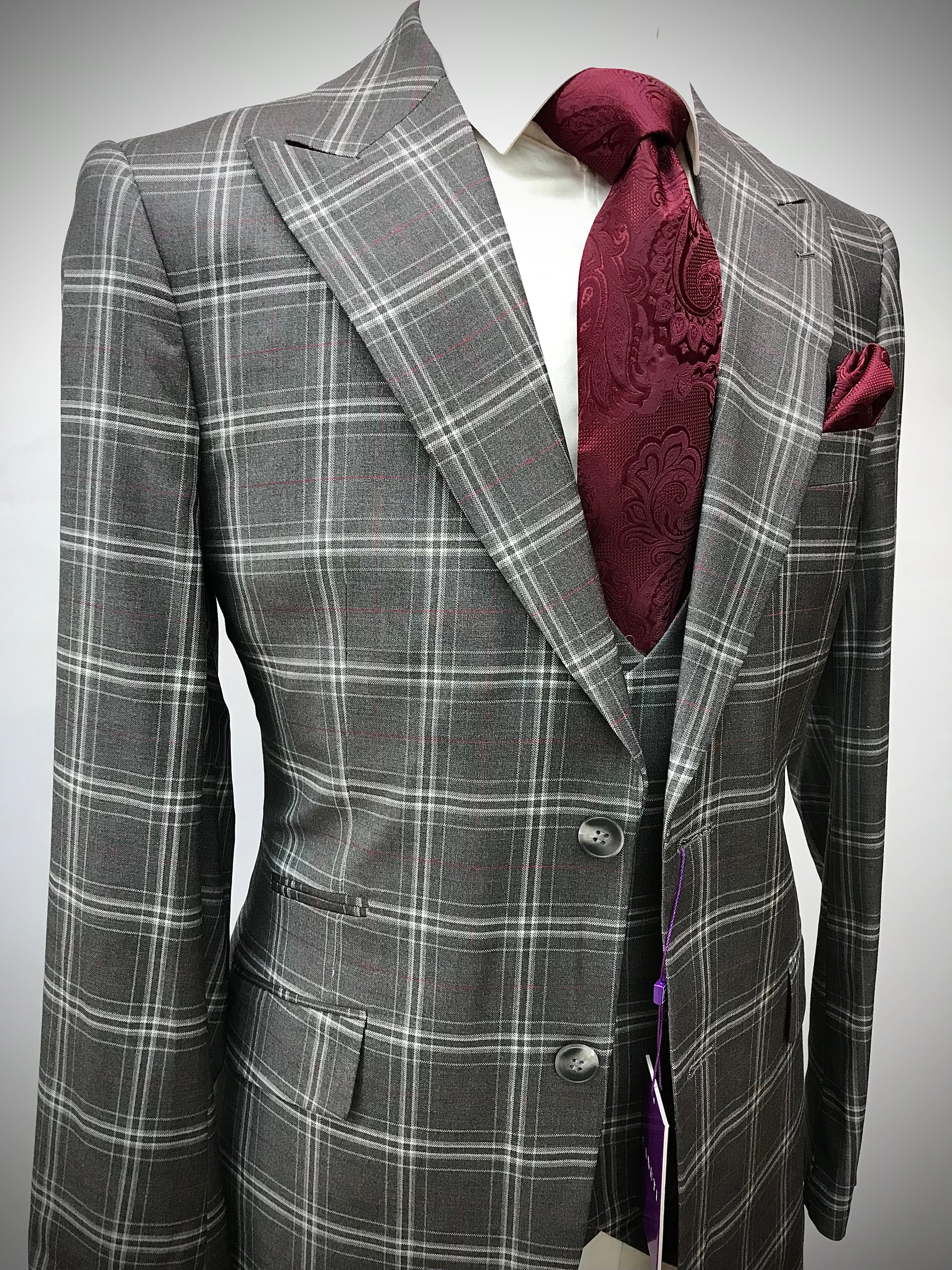 Canuti 3Pc Gray /w Burgundy Windowpane Suit