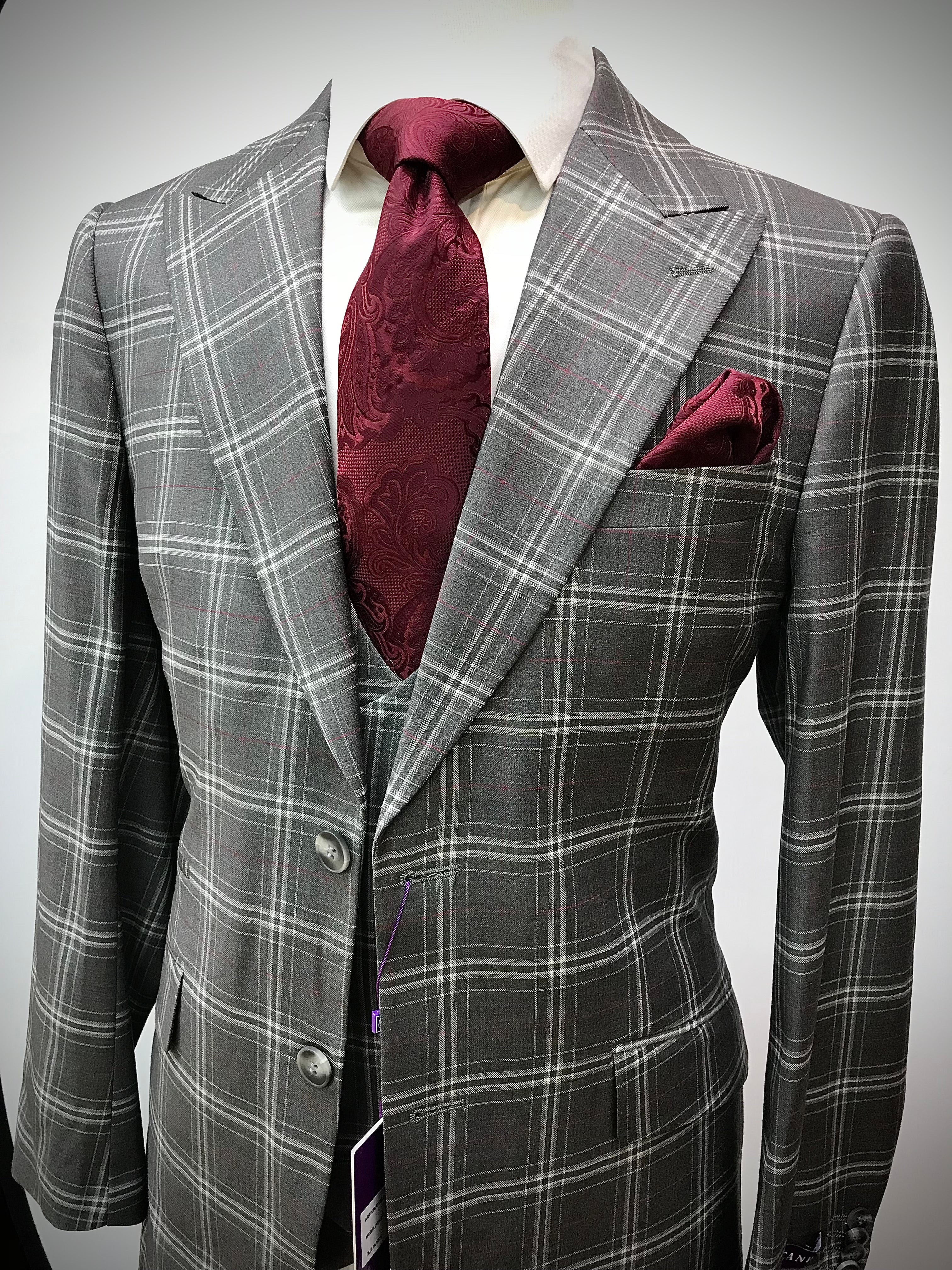 Canuti 3Pc Gray /w Burgundy Windowpane Suit