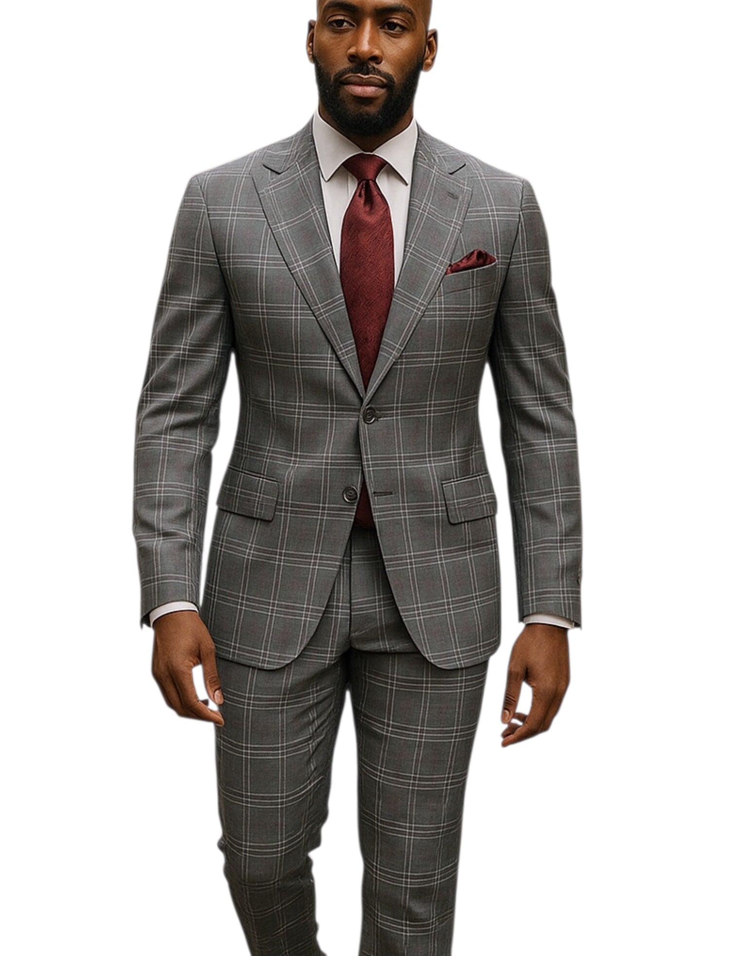 Canuti 3Pc Gray /w Burgundy Windowpane Suit