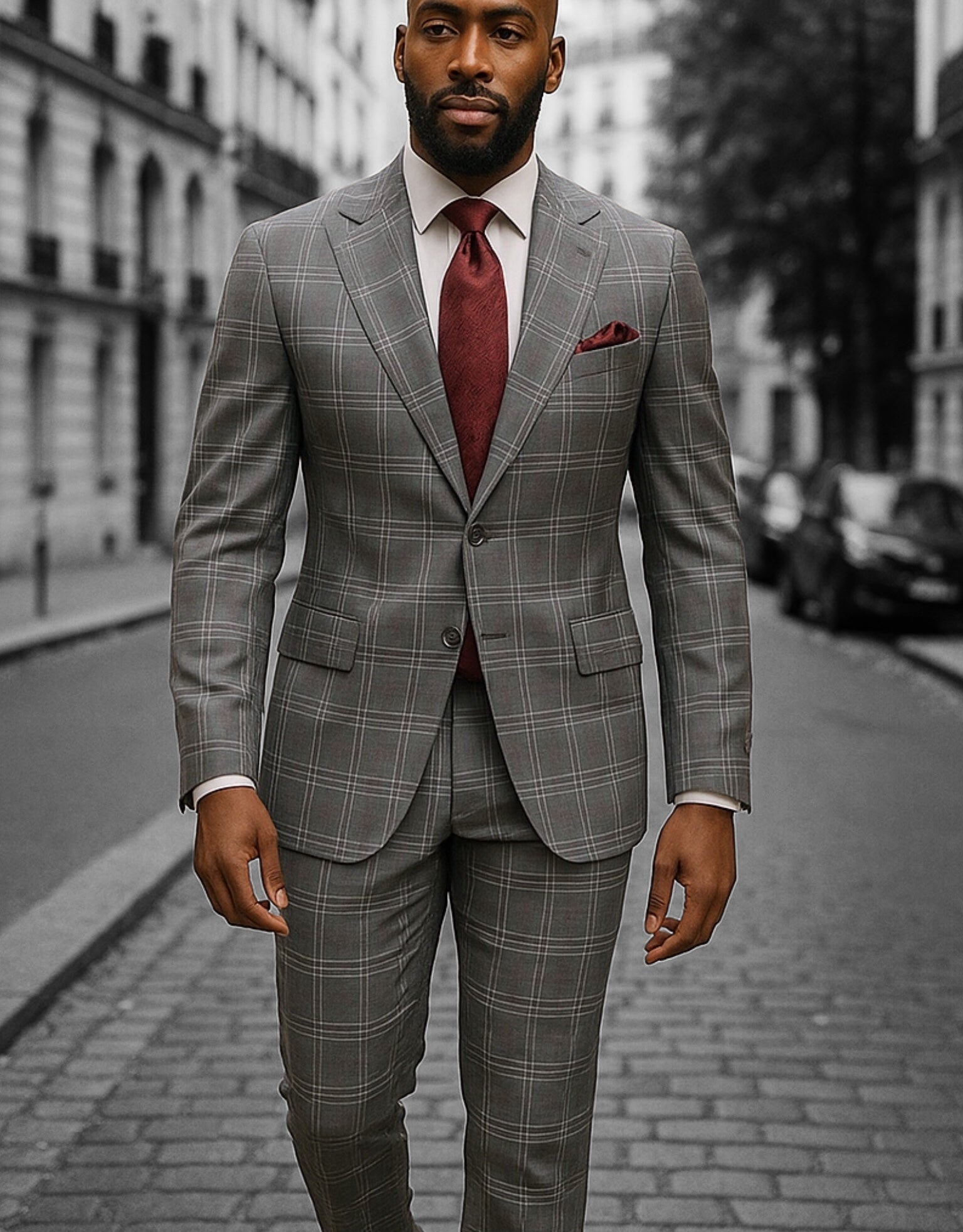 Canuti 3Pc Gray /w Burgundy Windowpane Suit