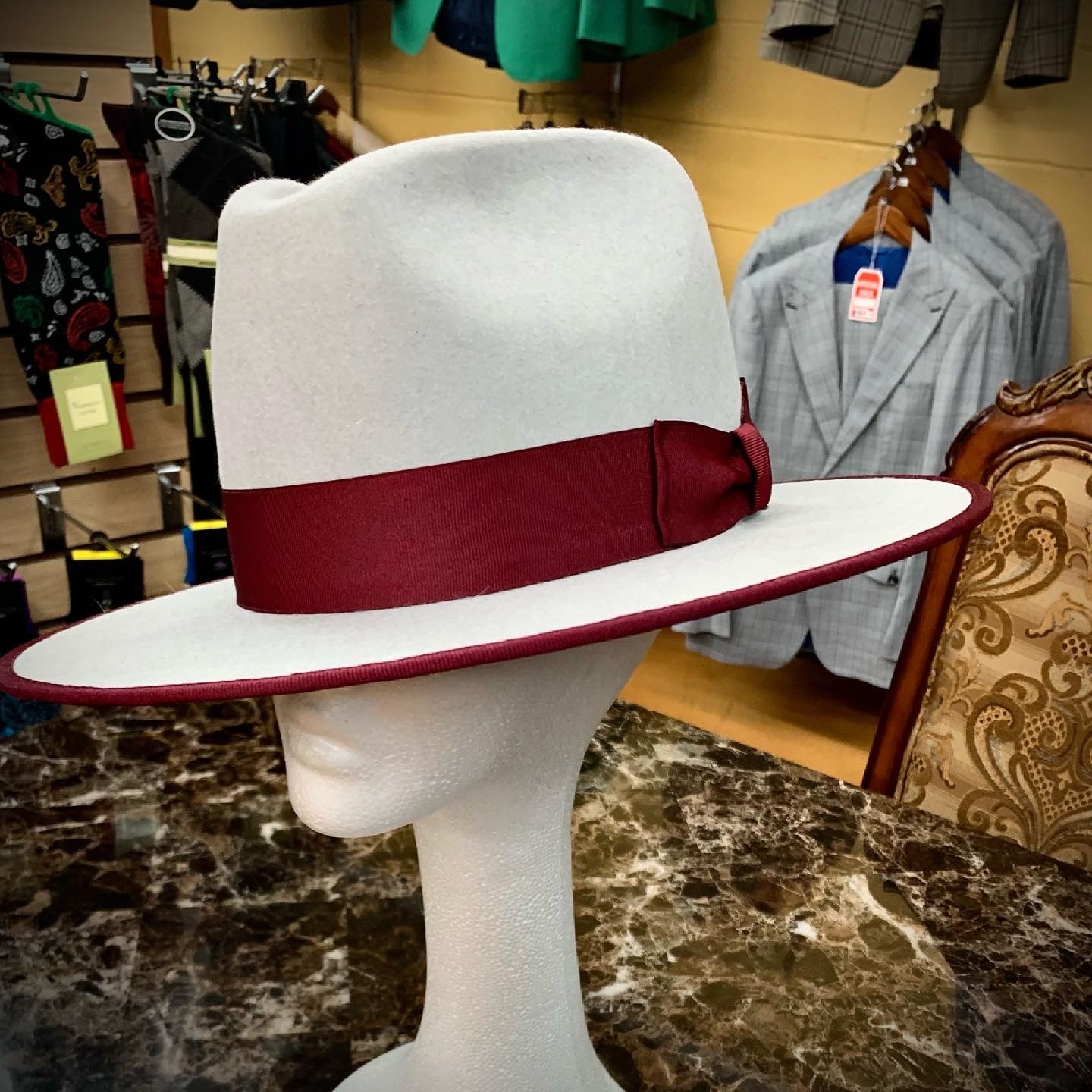 Stitch by Stitch Premium Hat Gray/w Burgundy Ribbon & Binding