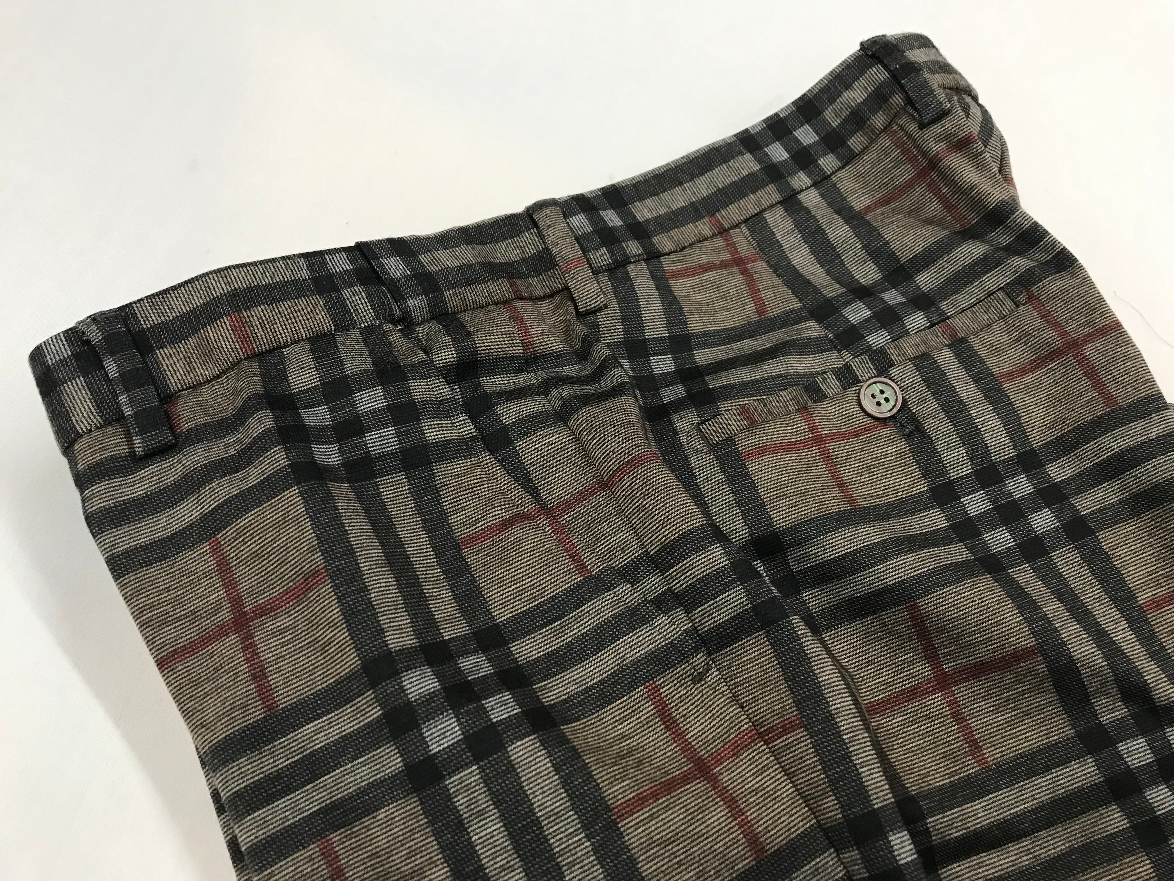 Slim Fitting Stretch Neutral Tan/Red/Black Plaid Slack
