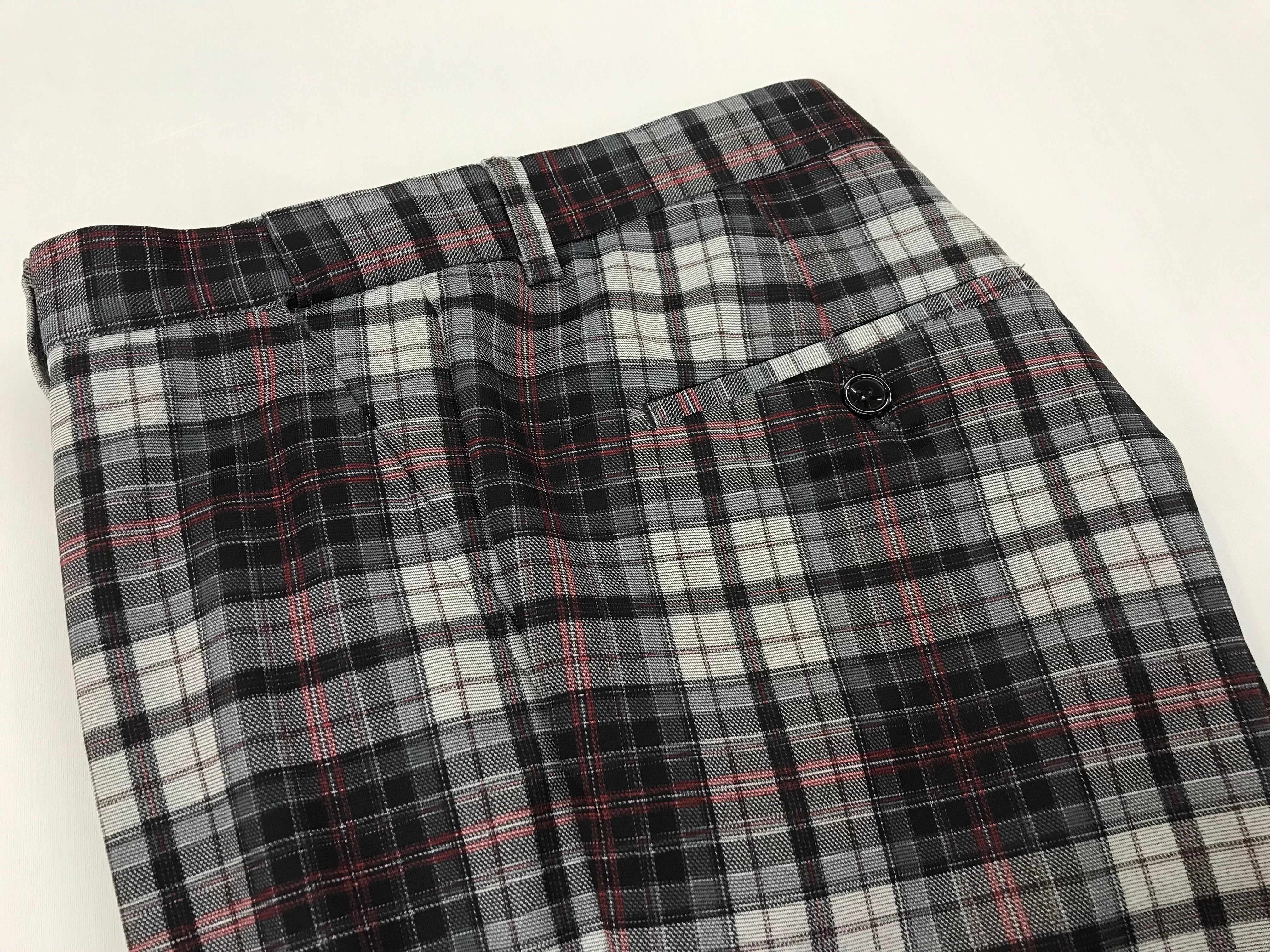 Slim Fitting Stretch Gray/Red/Black Plaid Slack