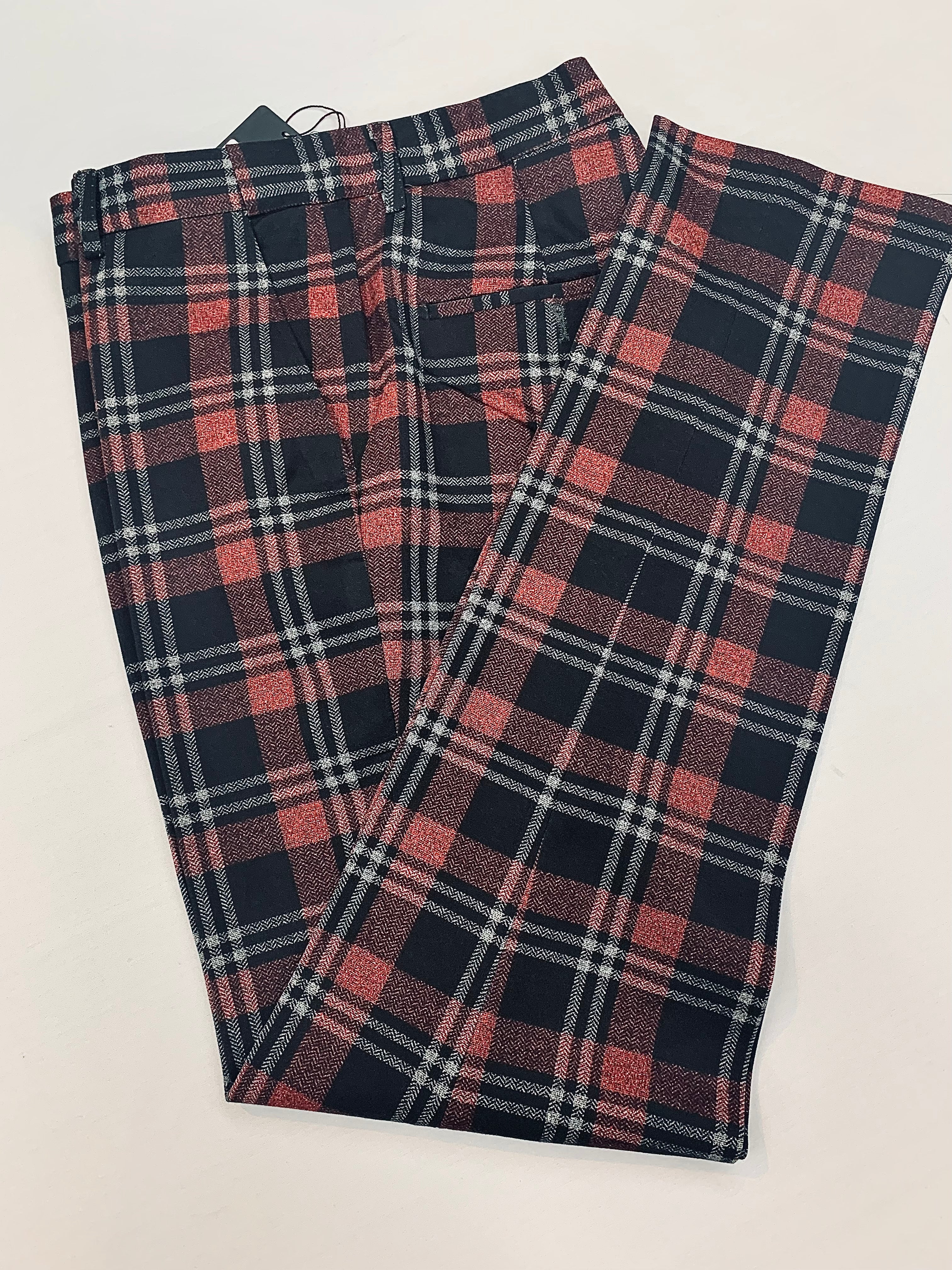 Slim Fitting Stretch Red/Black/Gray Plaid Slack