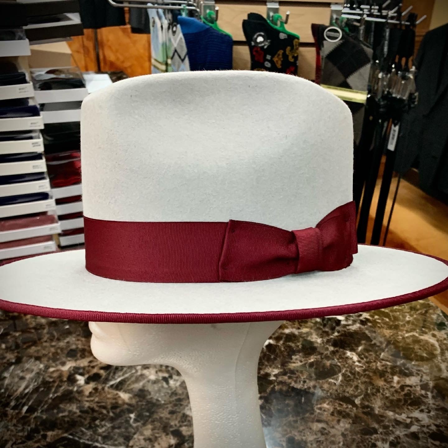 Stitch by Stitch Premium Hat Gray/w Burgundy Ribbon & Binding