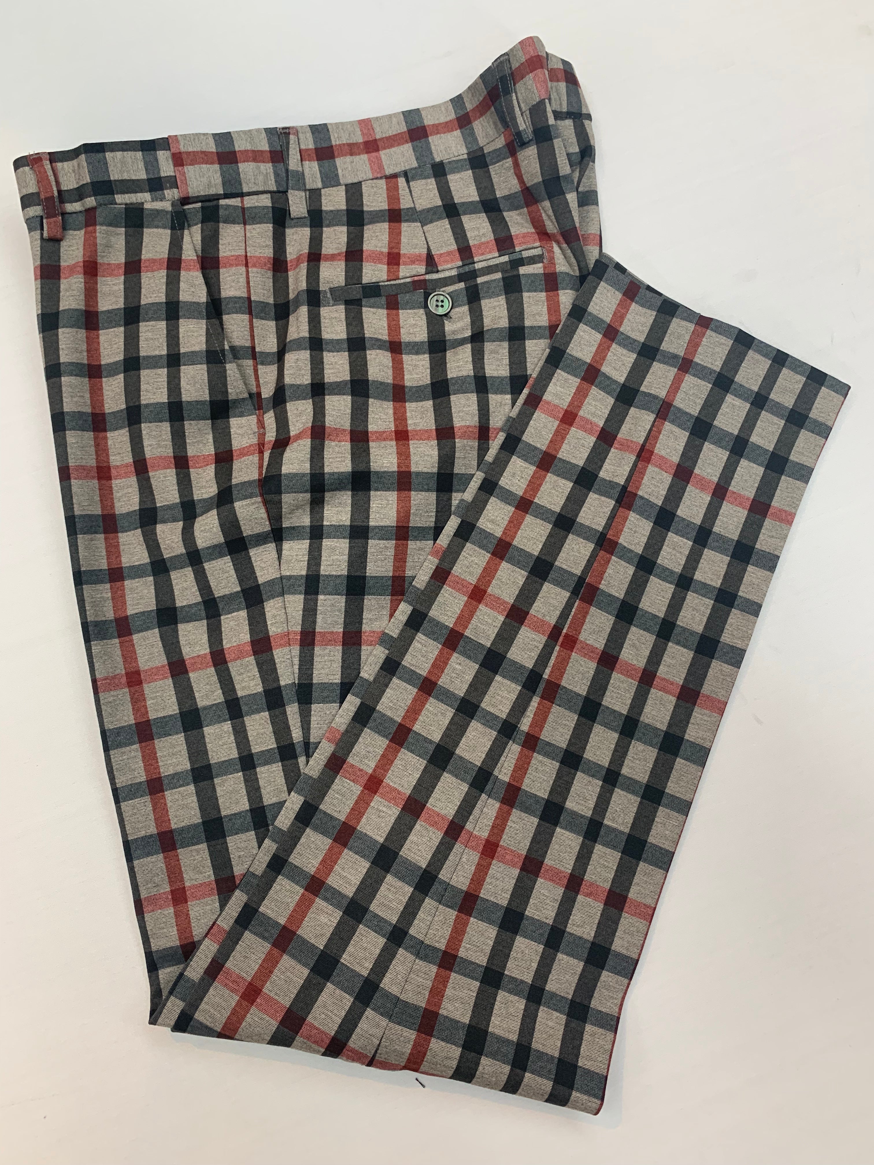 Slim Fitting Stretch Gray/Red/Black Plaid Slack