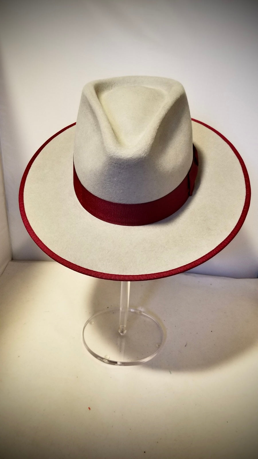 Stitch by Stitch Premium Hat Gray/w Burgundy Ribbon & Binding