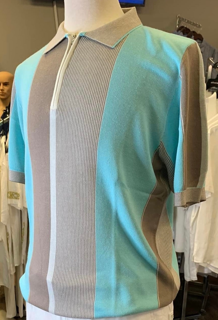 Cigar Couture Aqua/Brown/Cream Short Sleeve Knit