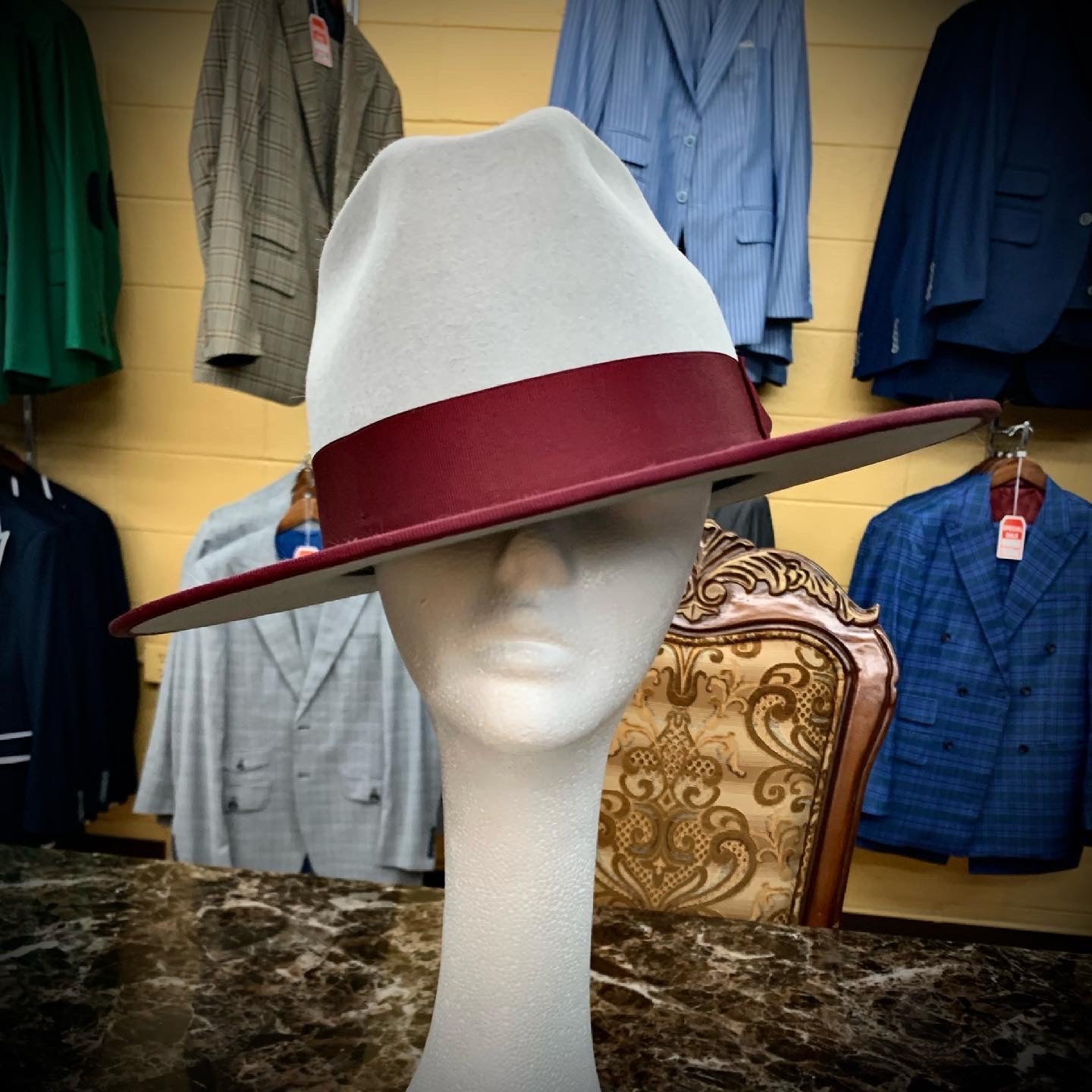 Stitch by Stitch Premium Hat Gray/w Burgundy Ribbon & Binding