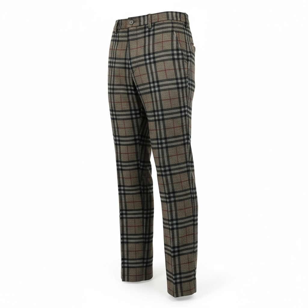Slim Fitting Stretch Neutral Tan/Red/Black Plaid Slack