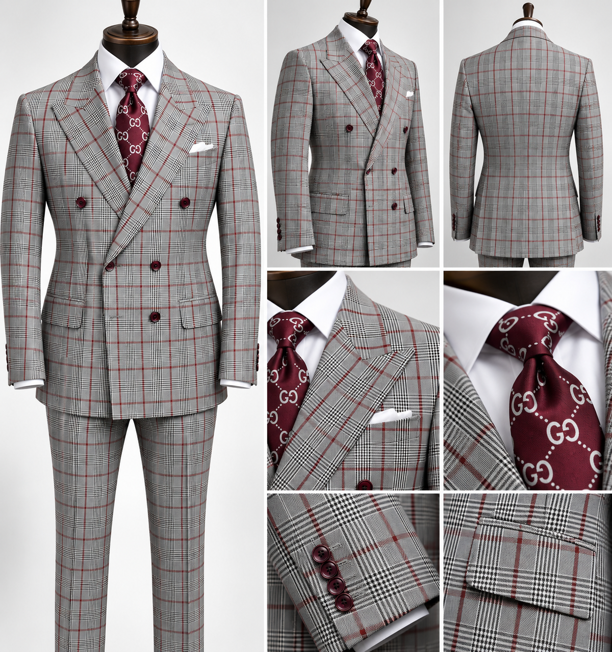 Rossi Gray & Red Burgundy Double Breasted Suit