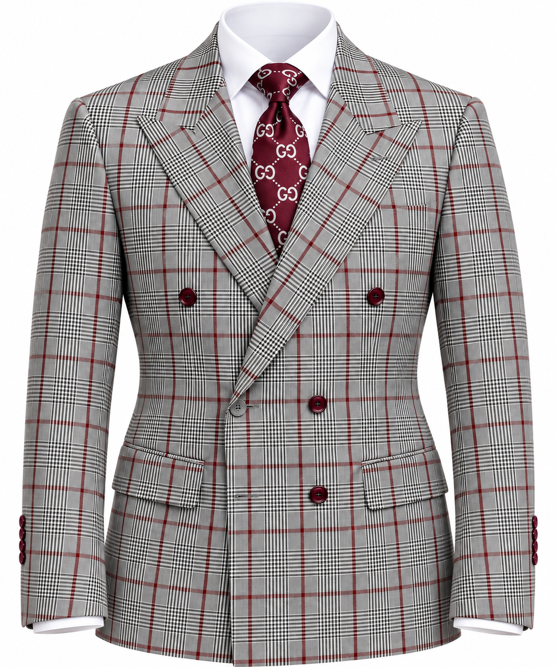 Rossi Gray & Red Burgundy Double Breasted Suit