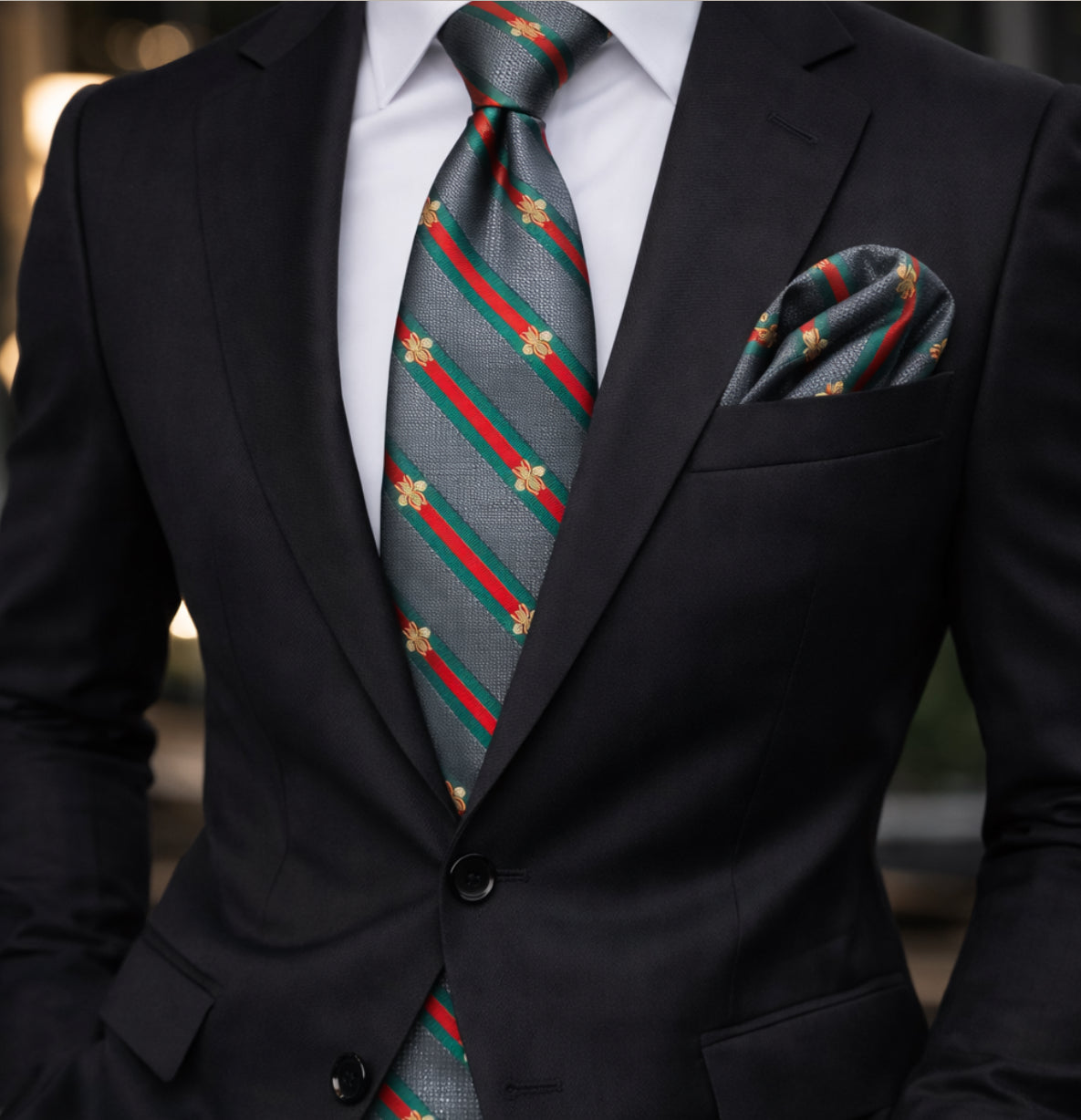 Charcoal Gray/Red/Green Tie
