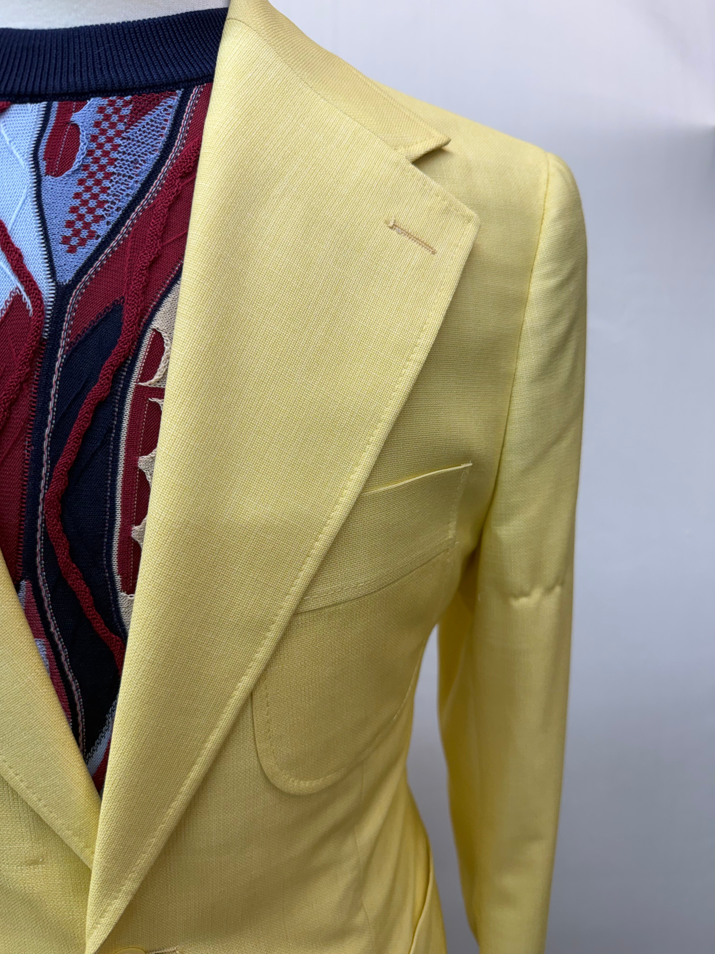 Couture Yellow Coat w/Navy Linen Pants