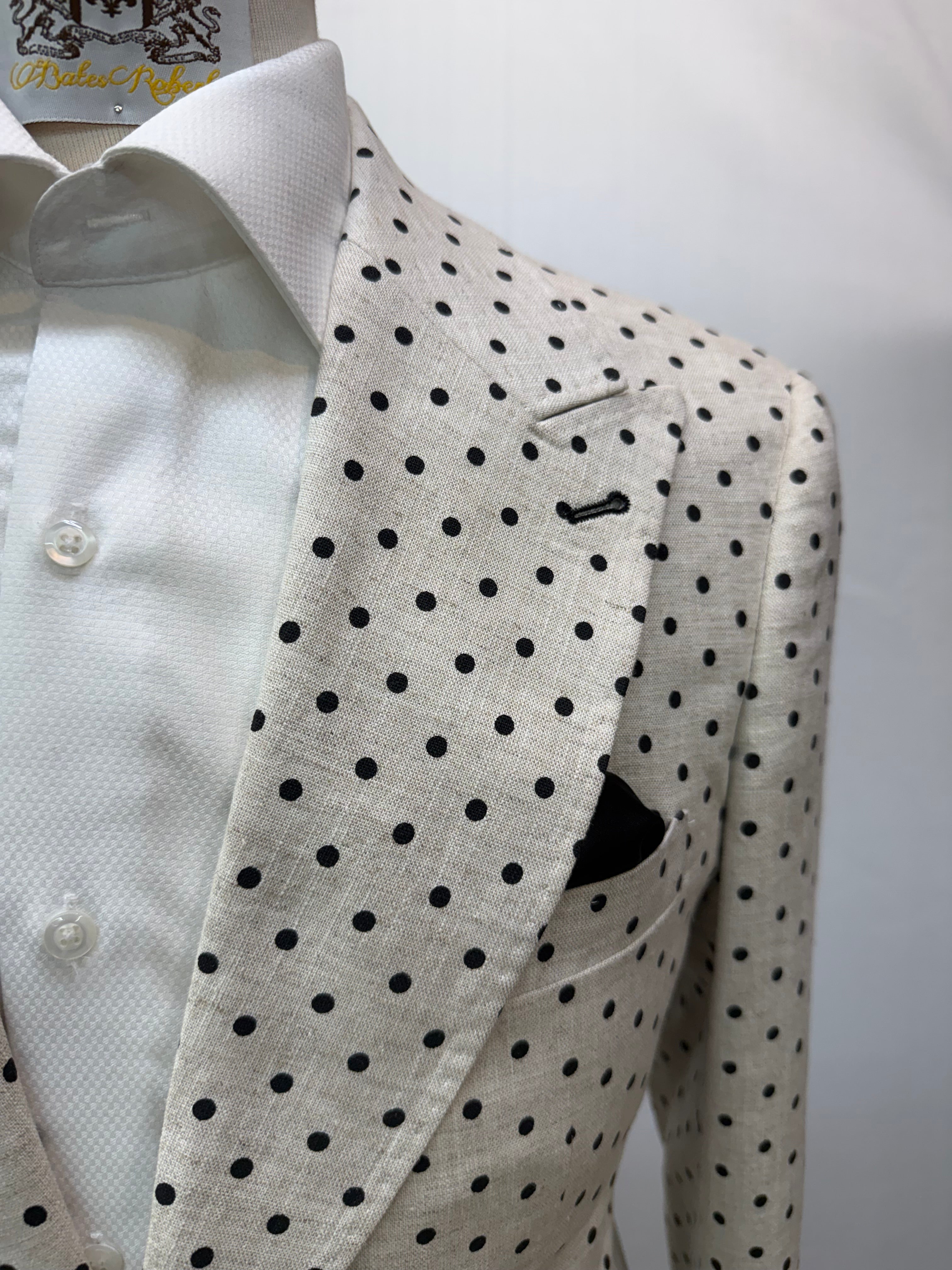 Couture Tan Black Polka Dot Coat w/Black Linen Pants